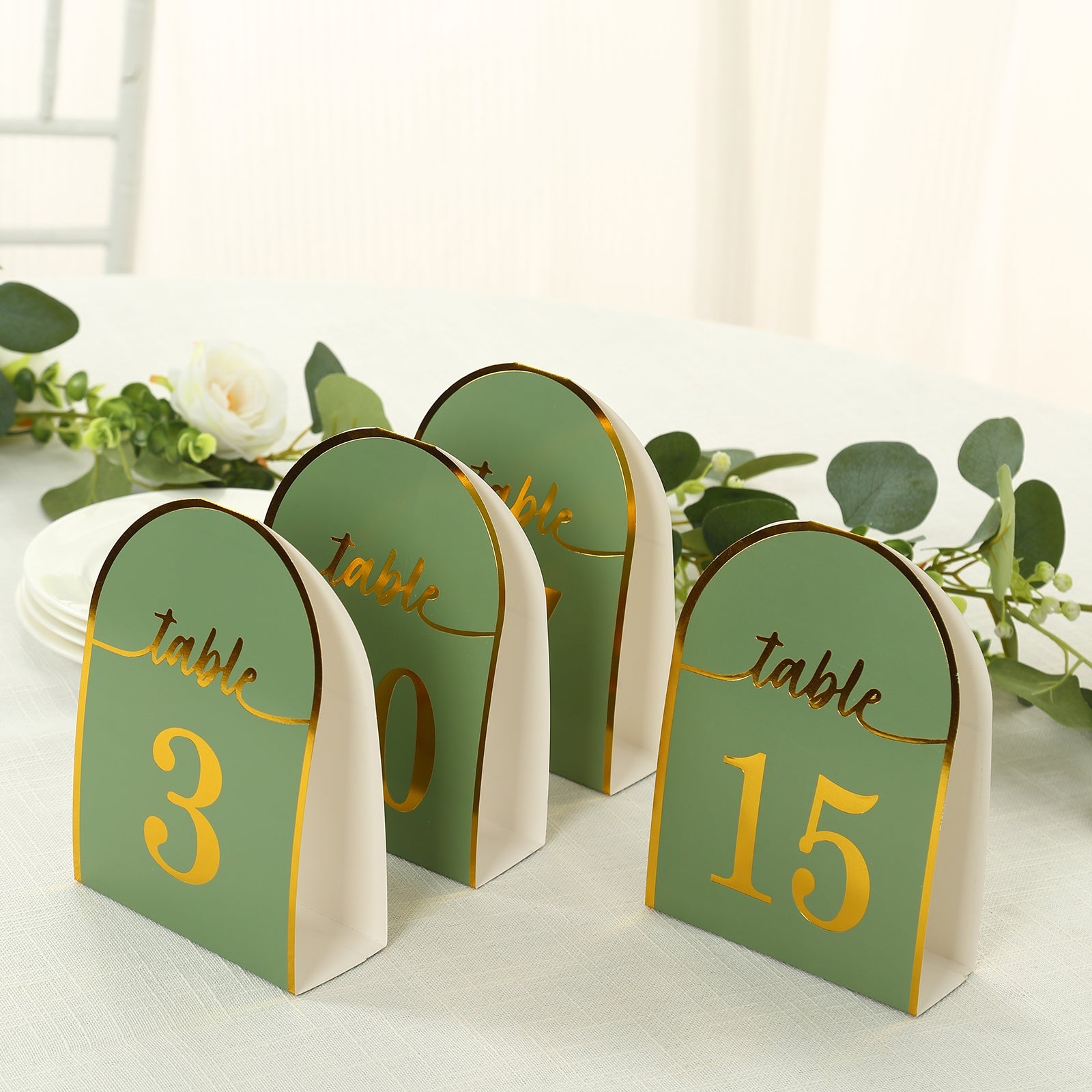 Hot Deal! 25-Pack Sage Green Disposable Double-Sided Table Numbers with Gold Foil 1-25