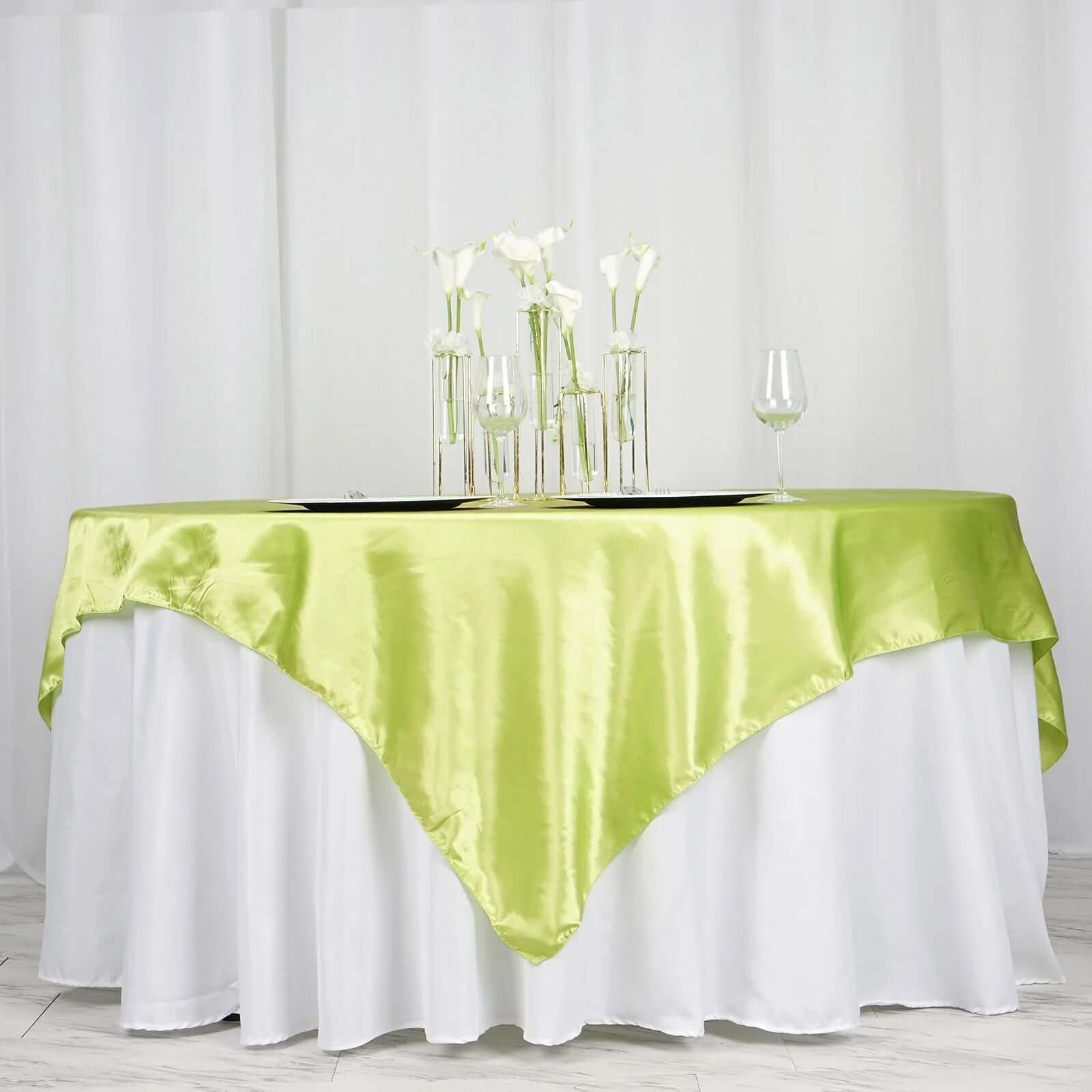 Hot Sale! 72x72 Apple Green Satin Square Table Overlay with Smooth Finish
