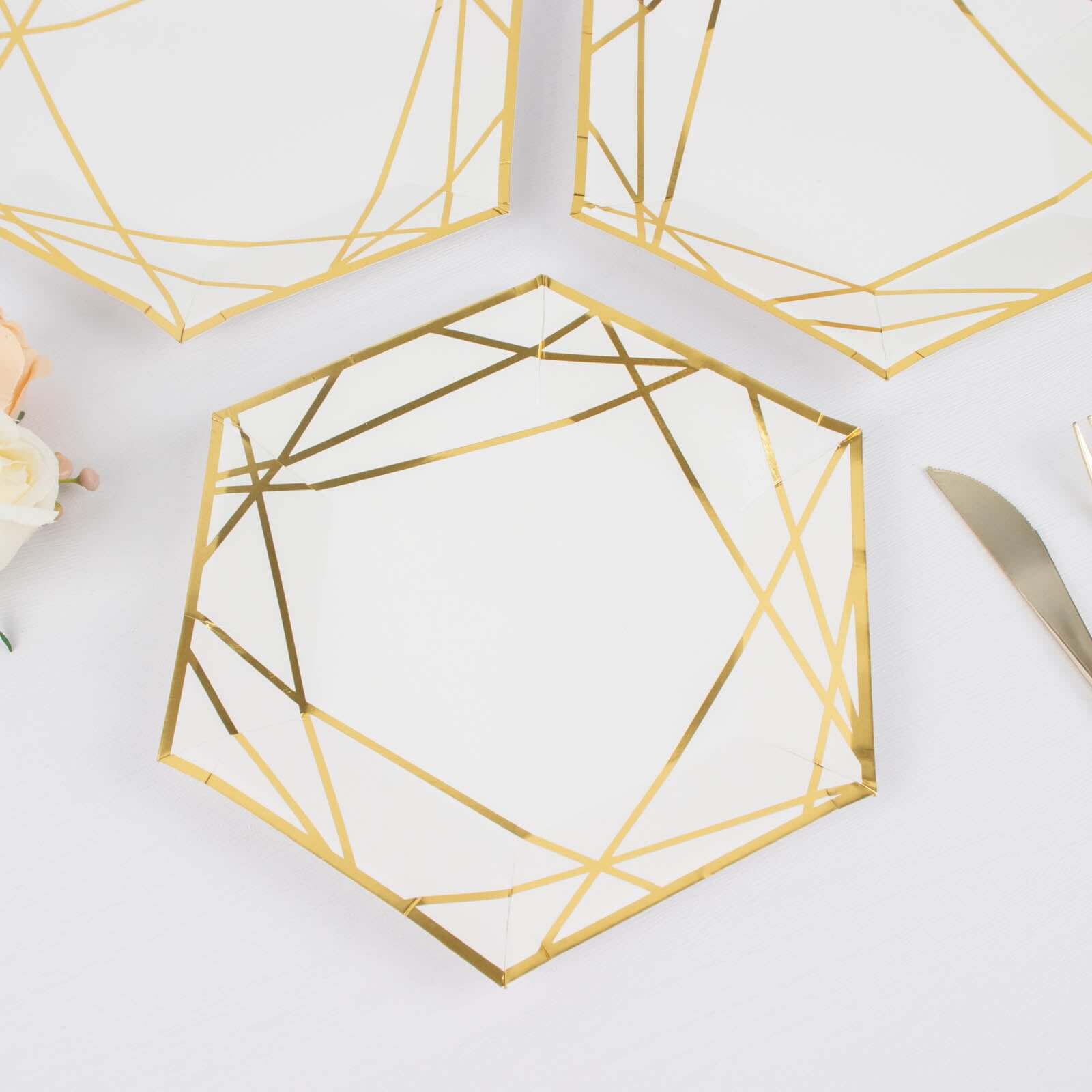 Hot Deal! 25-Pack White & Gold Geometric Hexagon Disposable Paper Dessert Plates for Events