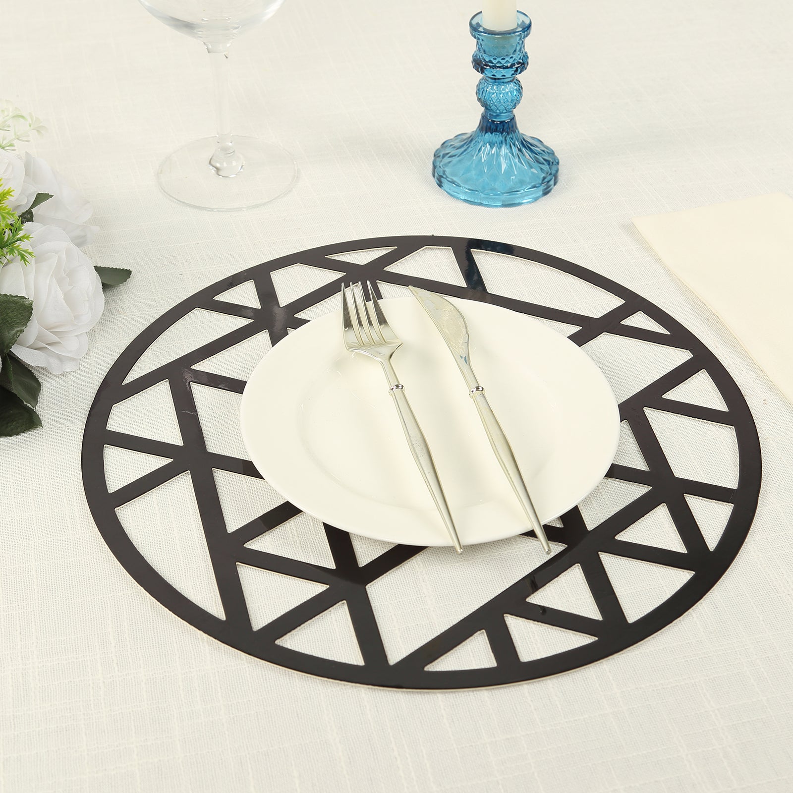 Hot Sale! 6-Pack Black Cardboard Disposable Table Placemats with Laser-Cut Geometric Triangle Design, 13 Inches