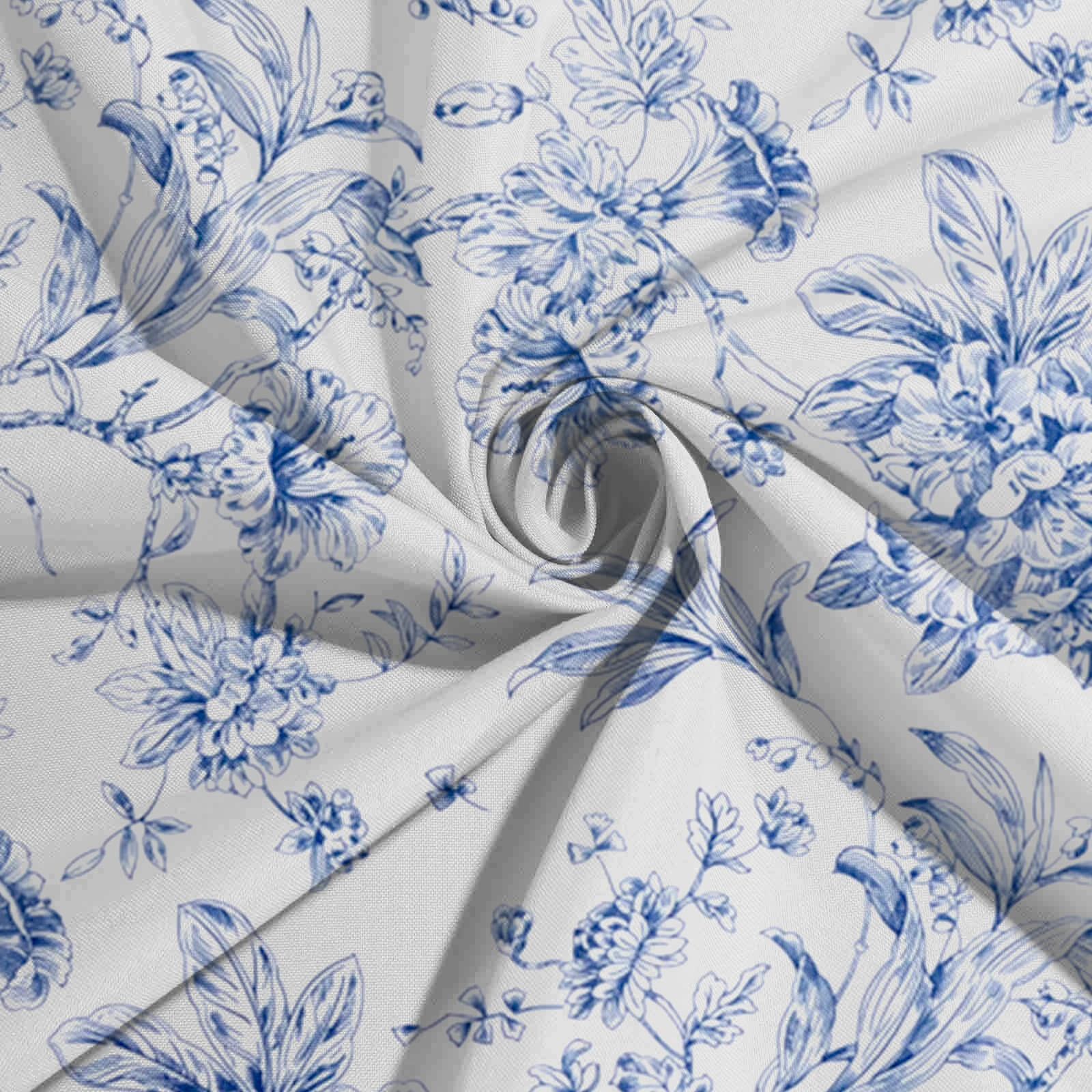 White Polyester Rectangle Tablecloth with Seamless Blue French Toile Pattern for Elegant Events