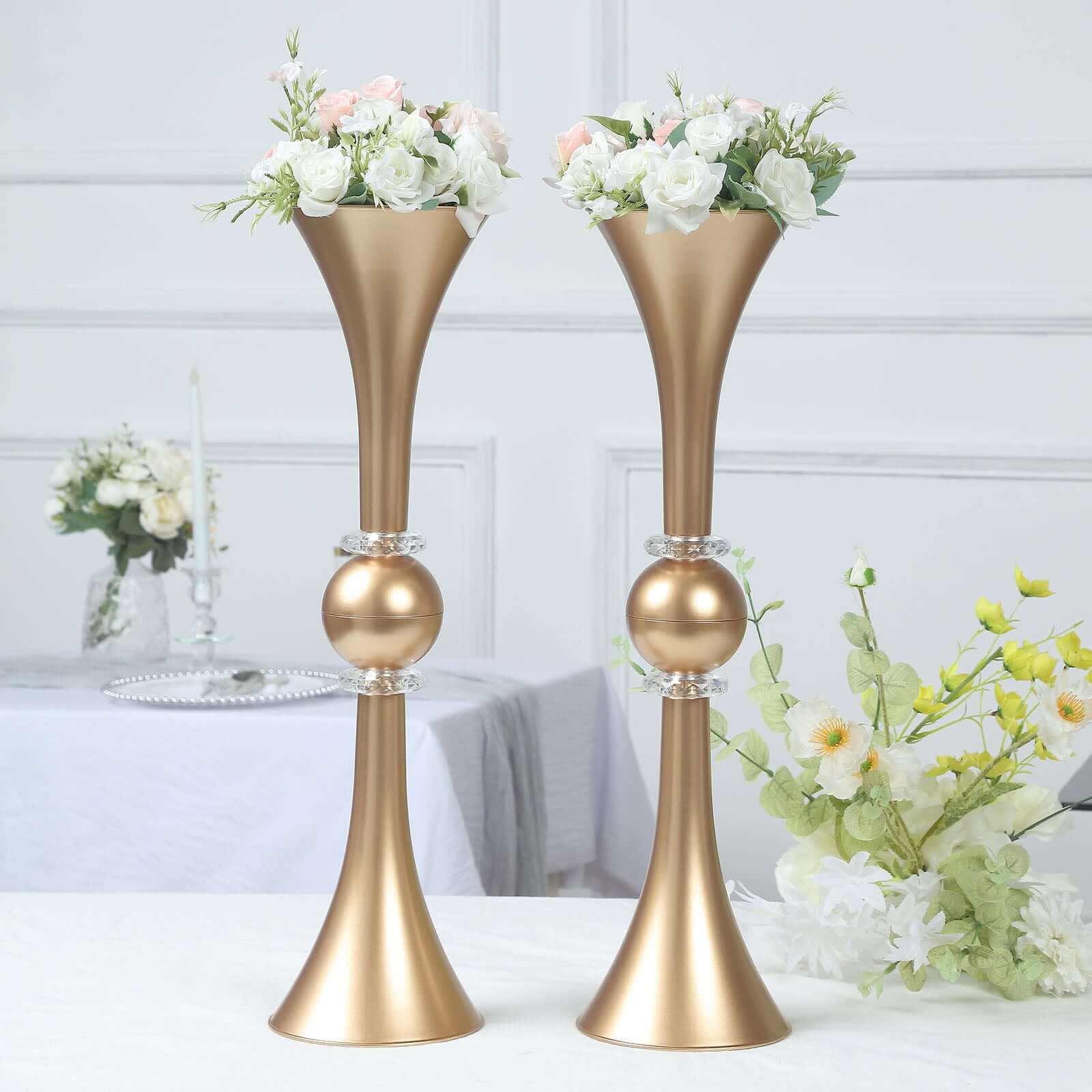 Hot Deal! 2-Pack Gold Reversible Plastic Trumpet Flower Vases with Crystal Embellishments, 21