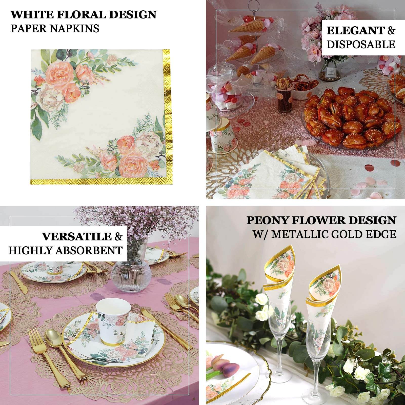 20-Pack 18GSM 2-Ply Wedding Paper Cocktail Napkins with Pink Peony Floral & Gold Trim