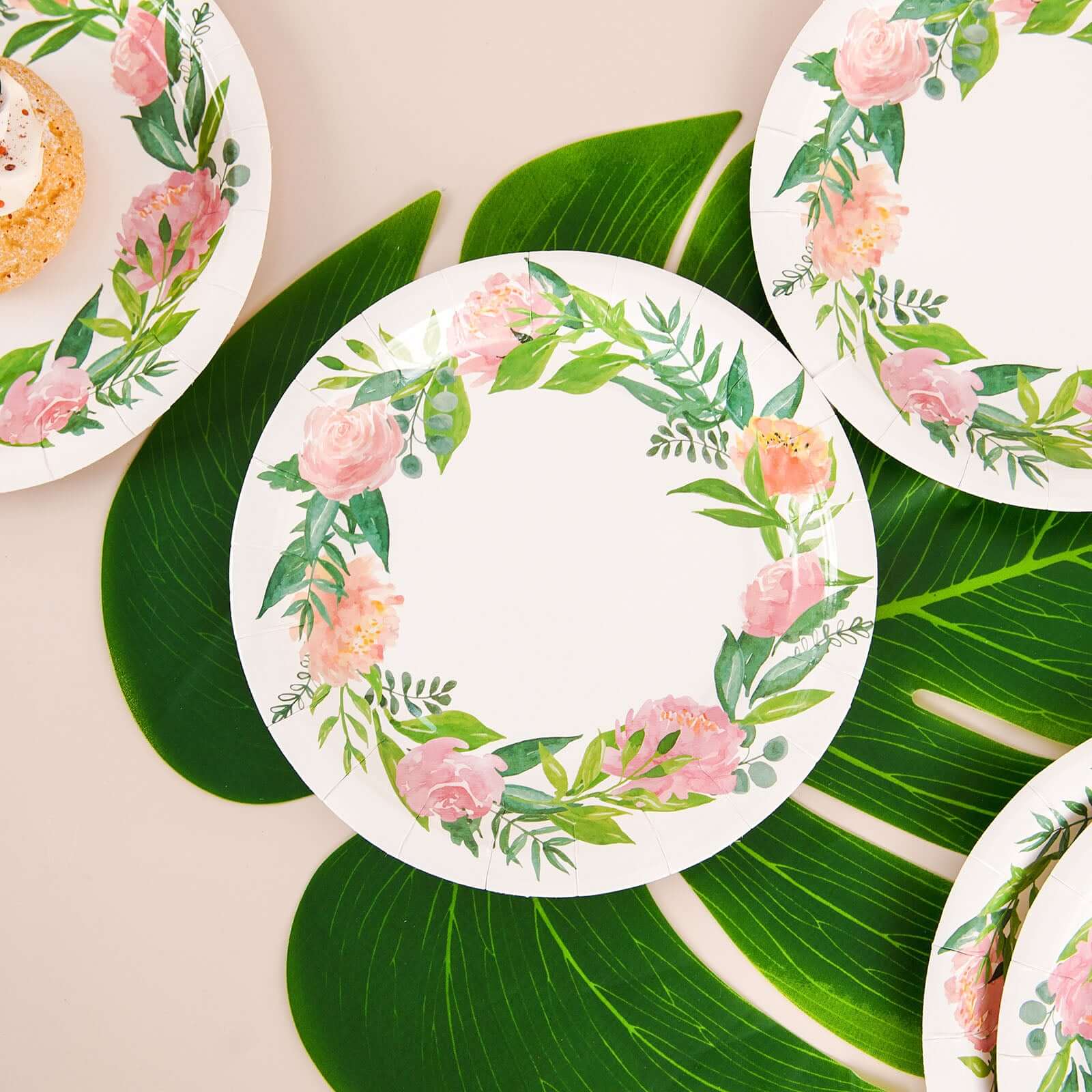 Hot Deal! 25-Pack 7" White Disposable Dessert Plates with Rose/Peony Wreath for Special Events