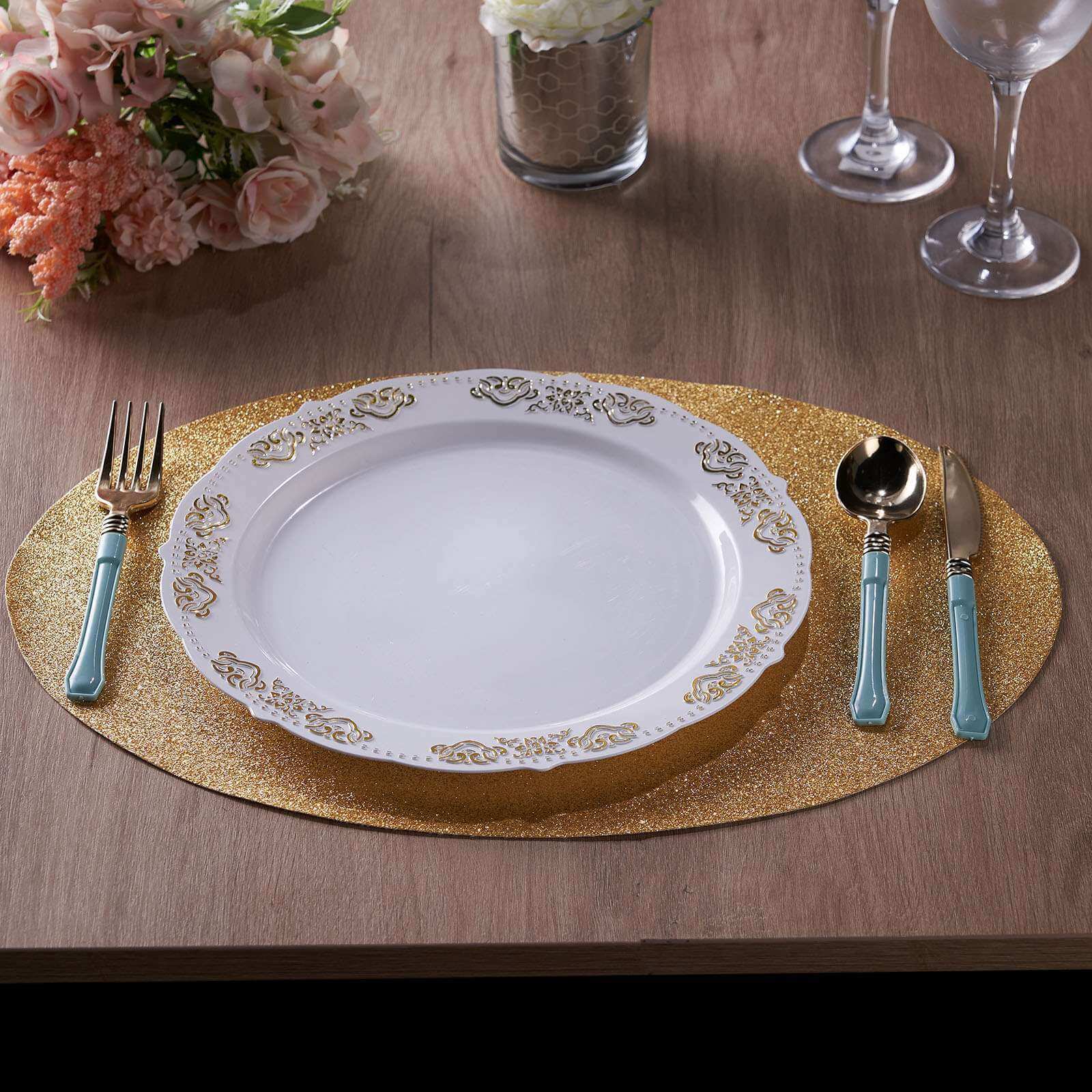 Hot Sale! 6-Piece Set of Champagne-Colored Glittery Oval Non-Slip Vinyl Placemats for Table Decor