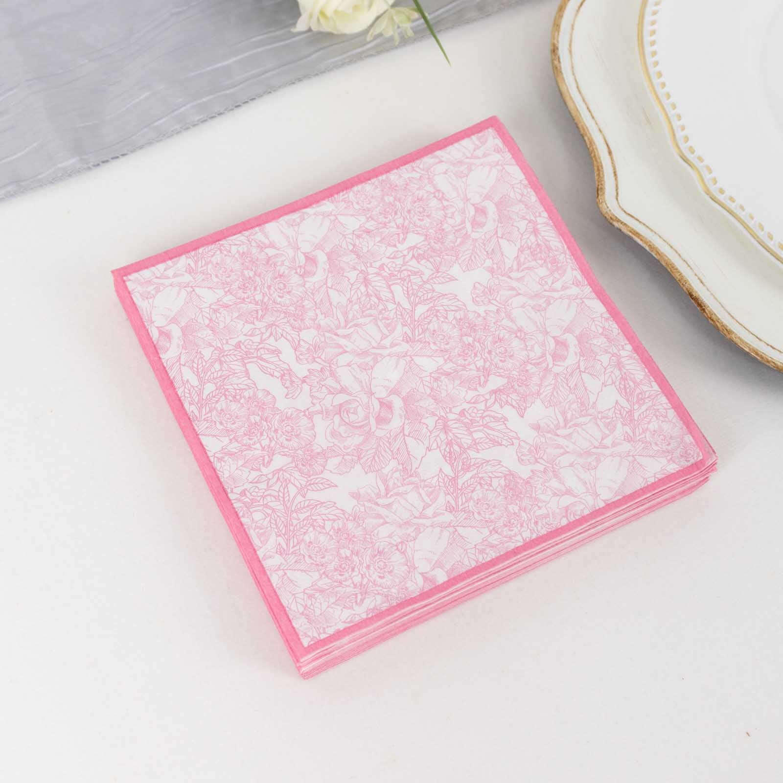 25-Pack Disposable Paper Cocktail Napkins with French Toile Floral Print in White/Pink - Highly Absorbent 2 Ply