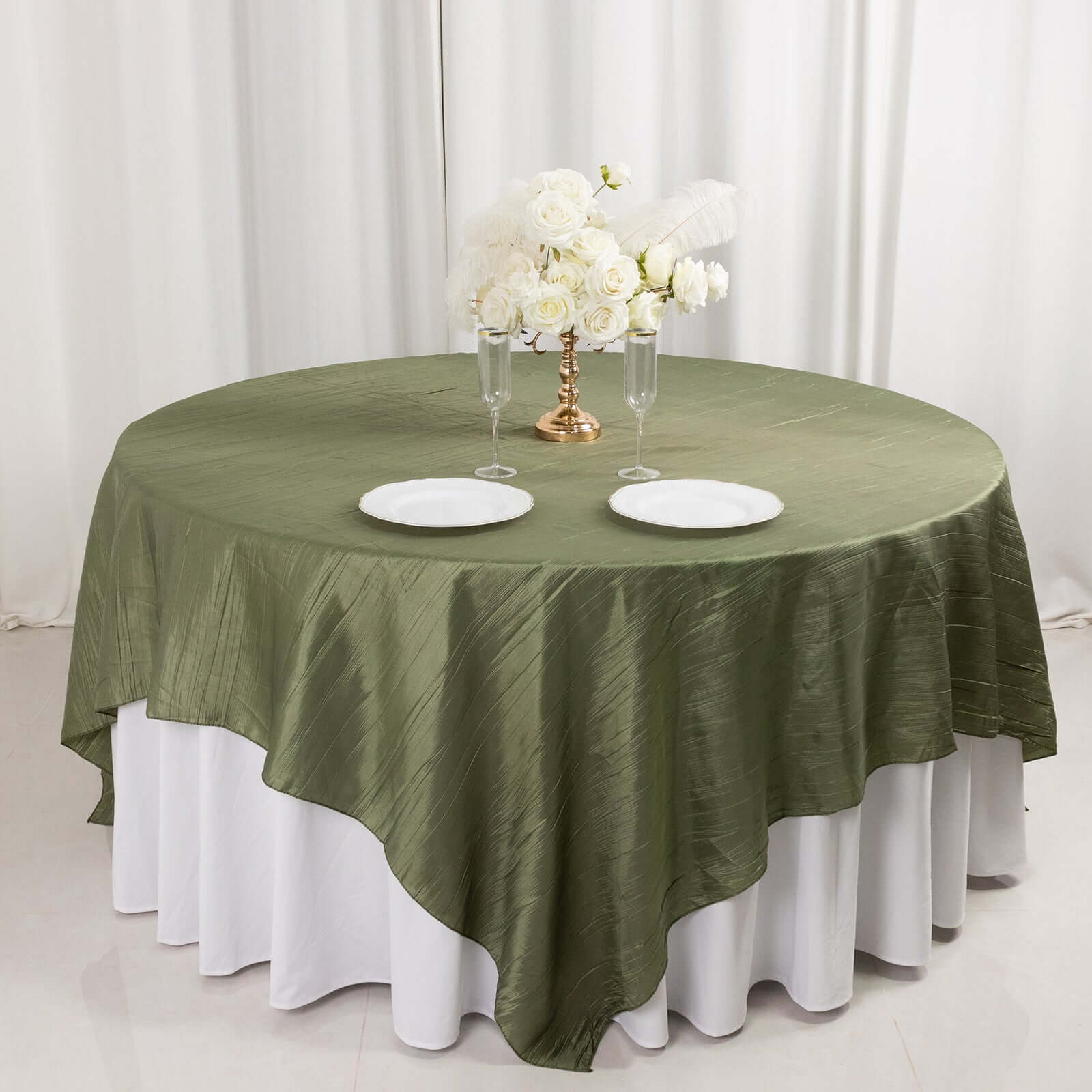 Hot! Dusty Sage Green 90x90 Square Accordion Crinkle Taffeta Table Overlay