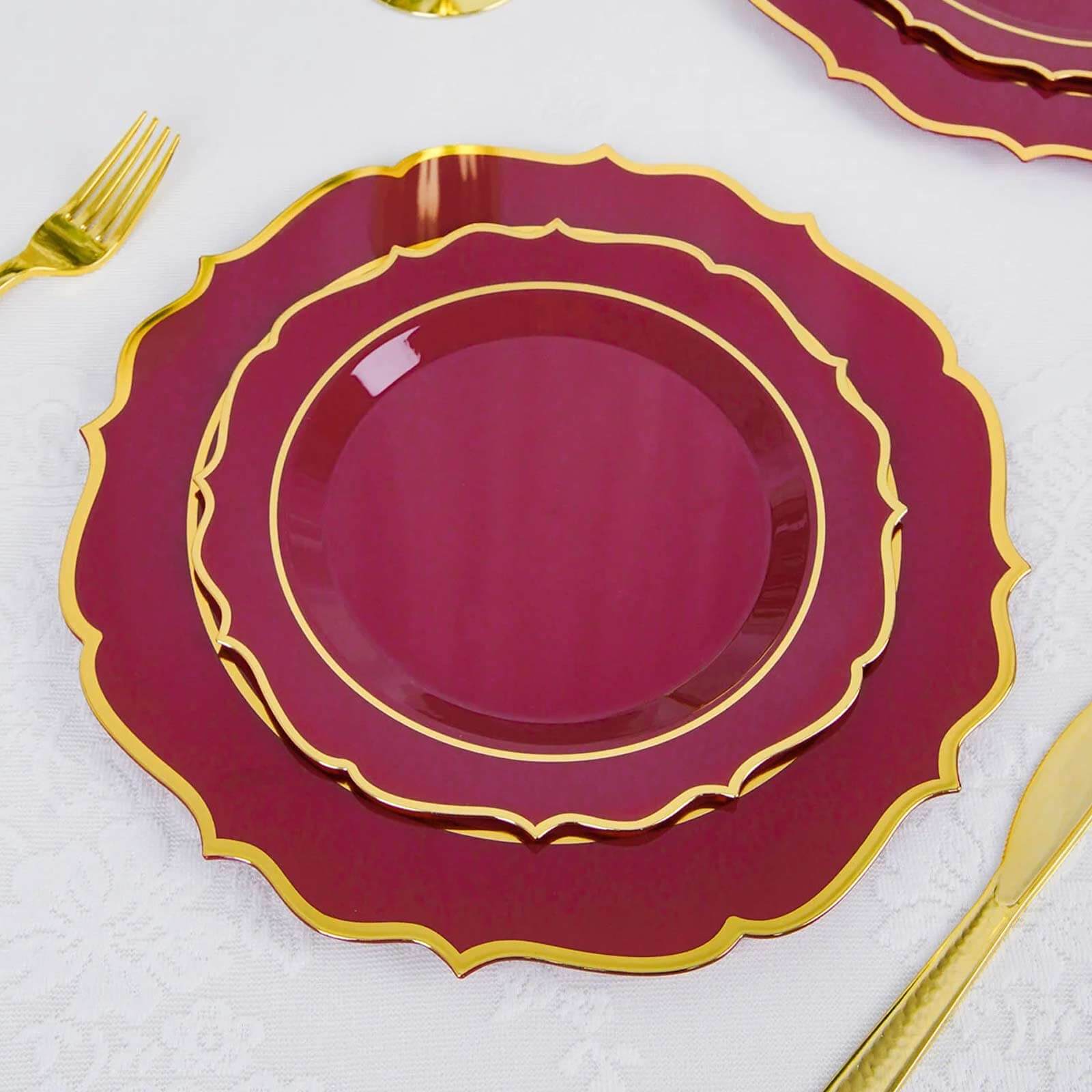 10-Piece Set of Disposable Burgundy Plastic Round Desert Plates with Gold Scalloped Rim, 8-Inch