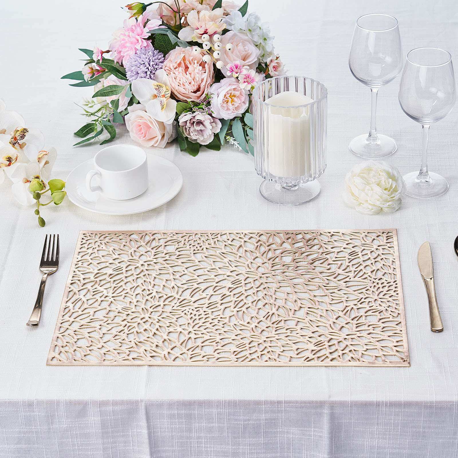 6-Pack Gold Metallic Floral Vinyl Placemats - Non-Slip 12x18 Rectangle Table Mats