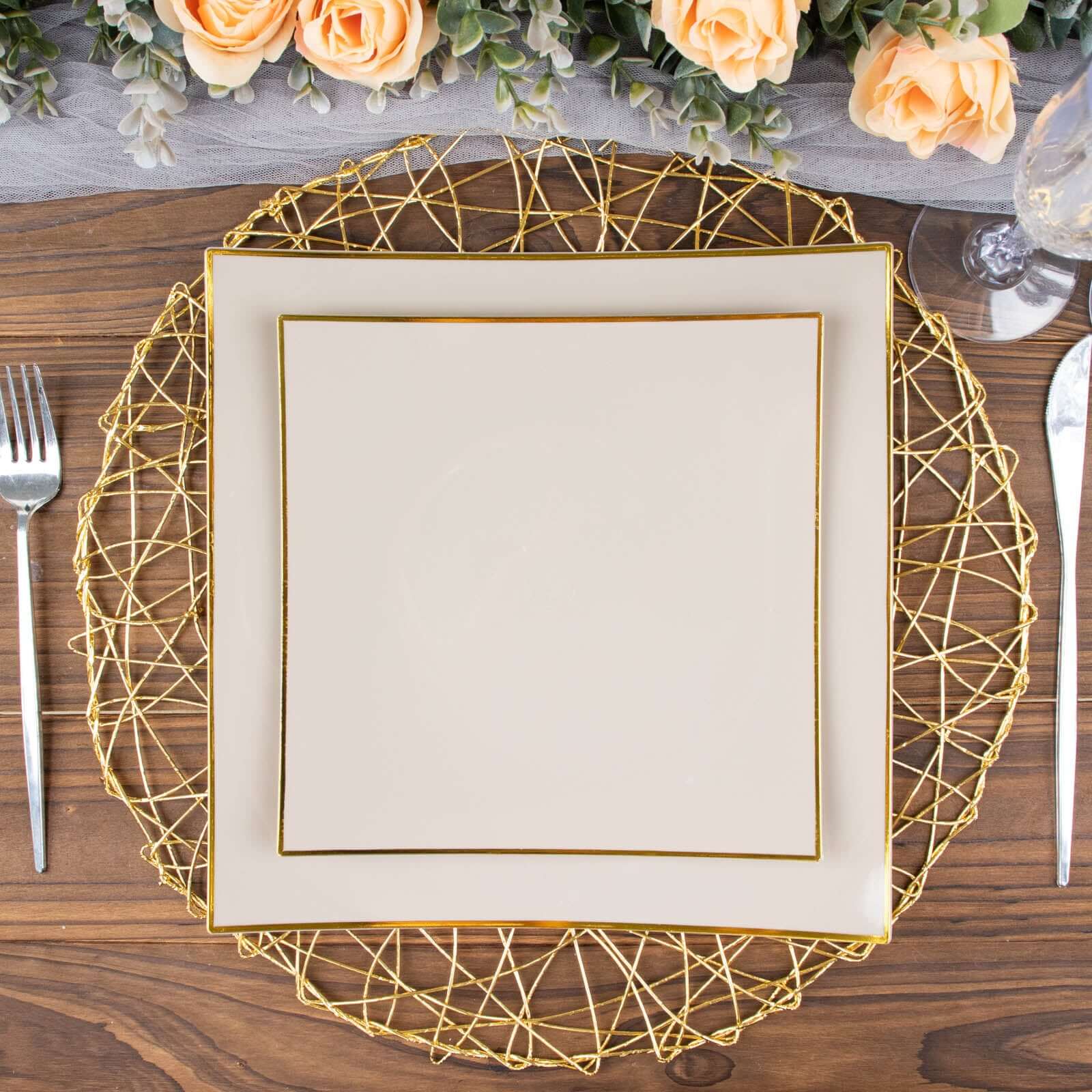 10-Pack Disposable Taupe Plastic Square Dessert Plates with Gold Rim - Ideal for Parties