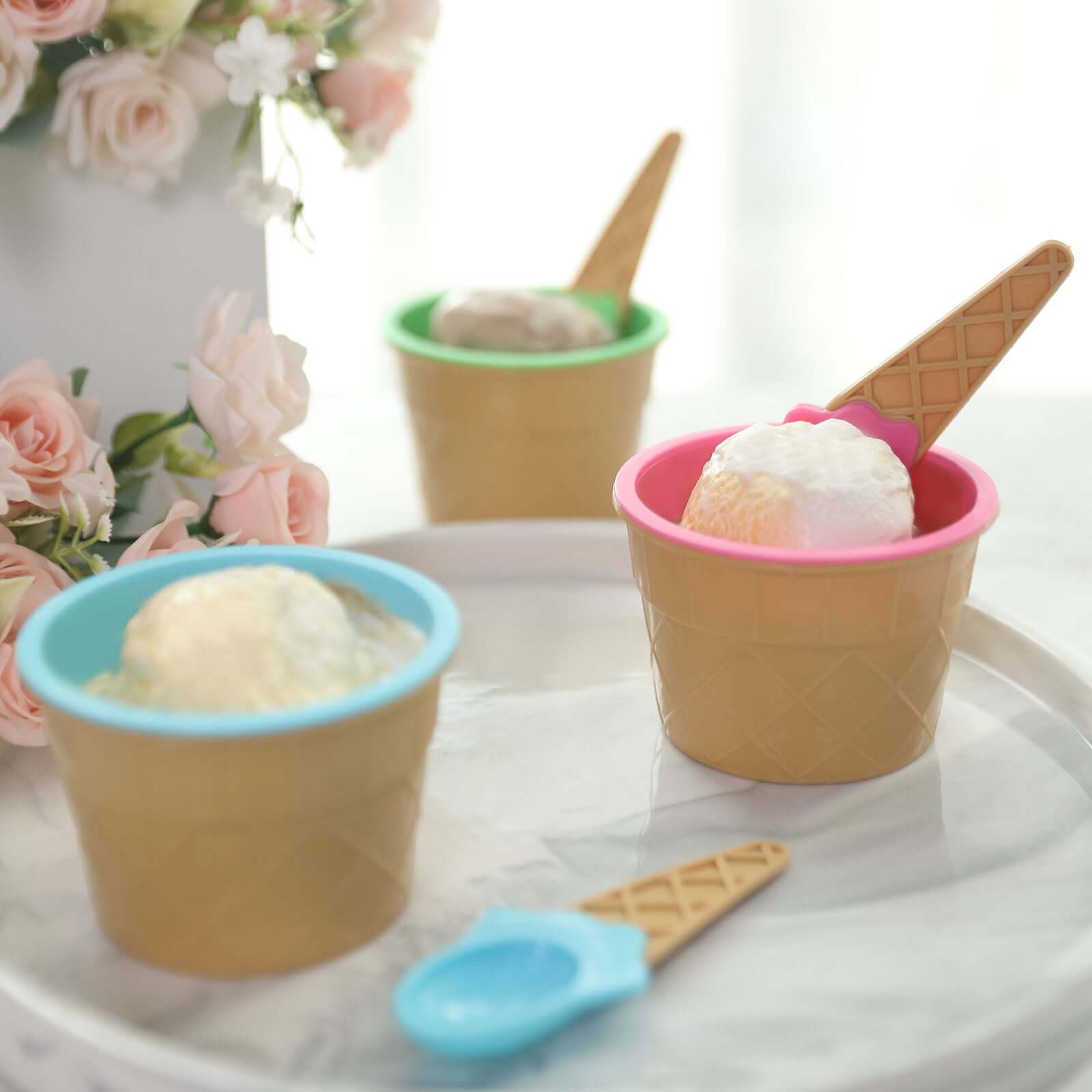 Set of 6 BPA-Free Plastic Dessert Cups with Waffle Design in Blue, Green, Pink & Matching Spoons