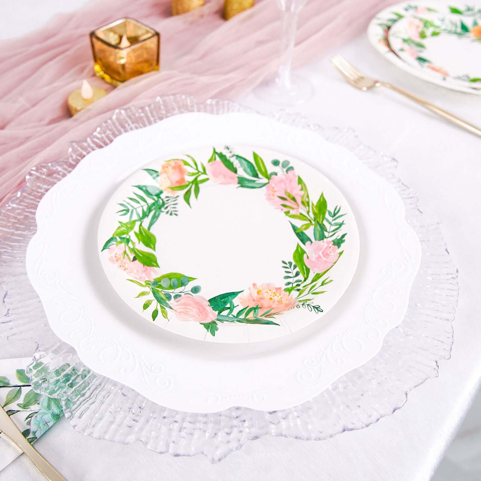 Hot Deal! 25-Pack 7" White Disposable Dessert Plates with Rose/Peony Wreath for Special Events