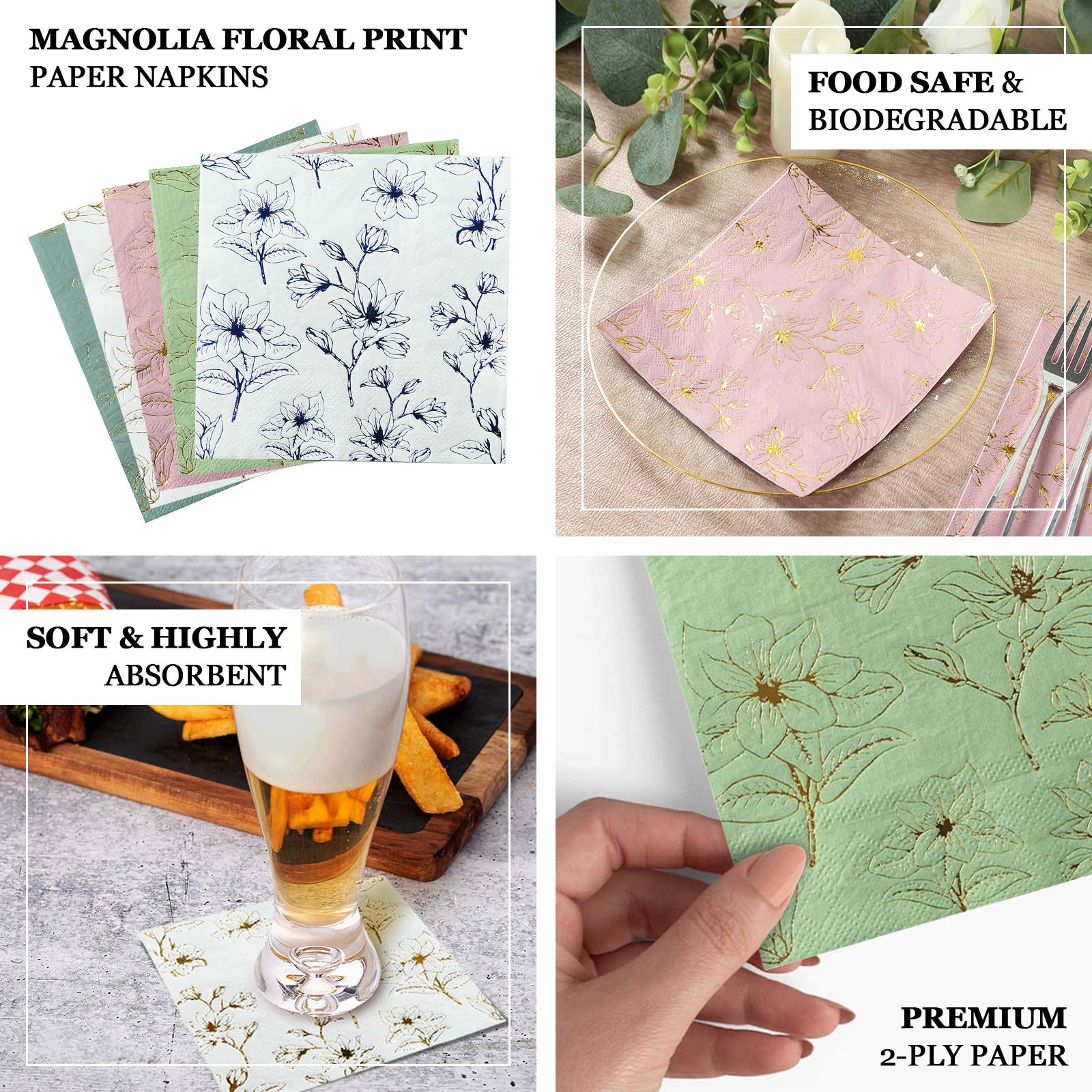 Get 50-Pack 2-Ply Absorbent Paper Cocktail Napkins with Gold Magnolia Prints in Dusty Sage Green