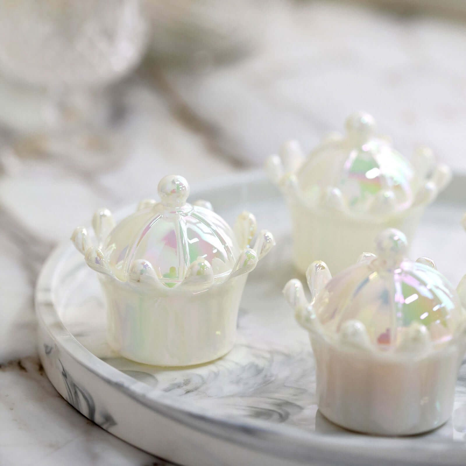 12-Pack White Mini Crown Treat Favor Boxes with Iridescent Dome Lids - Perfect for Parties!