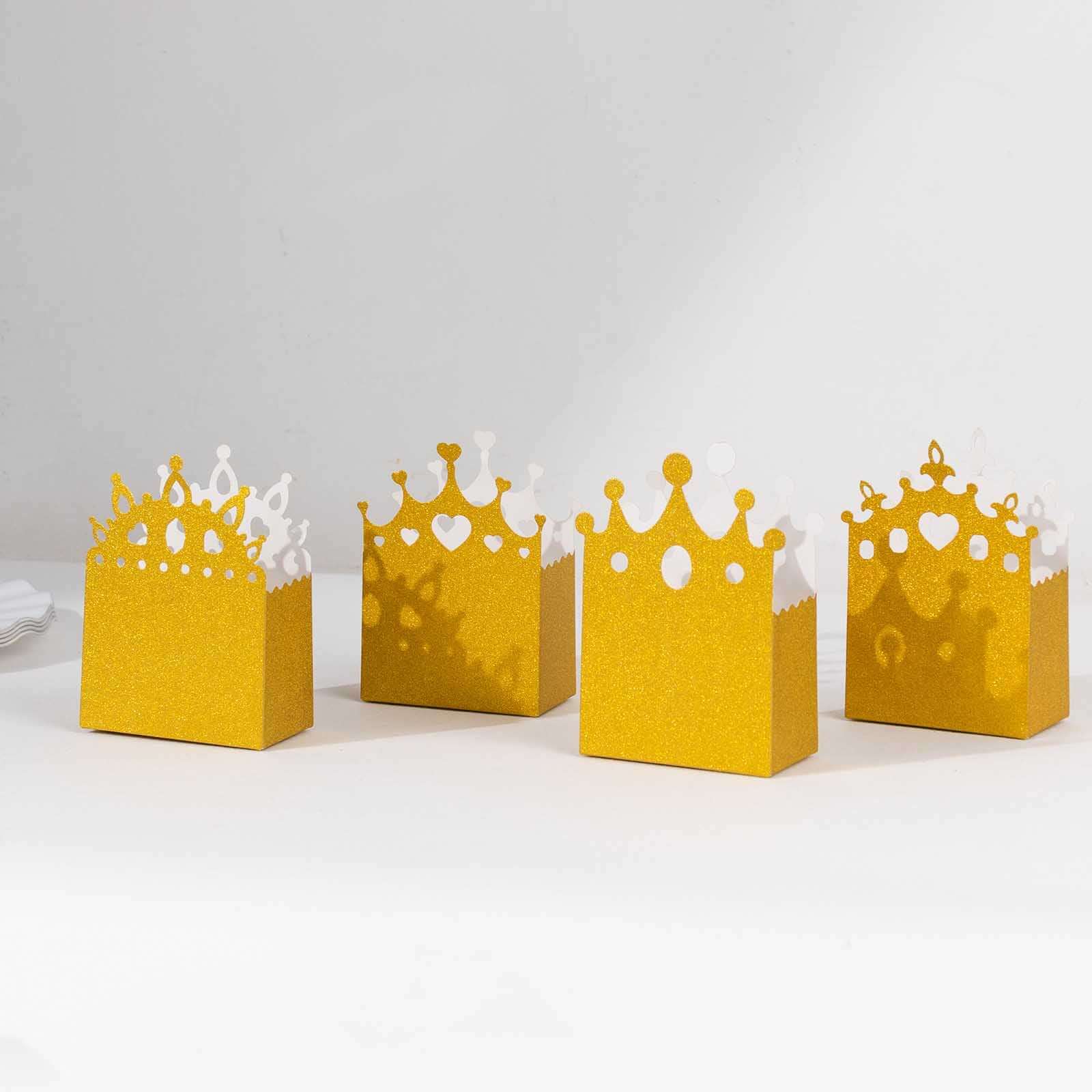 Hot Sale! 20-Pack Gold Glitter Princess Crown Cardstock Favor Boxes for Weddings, Birthdays & More