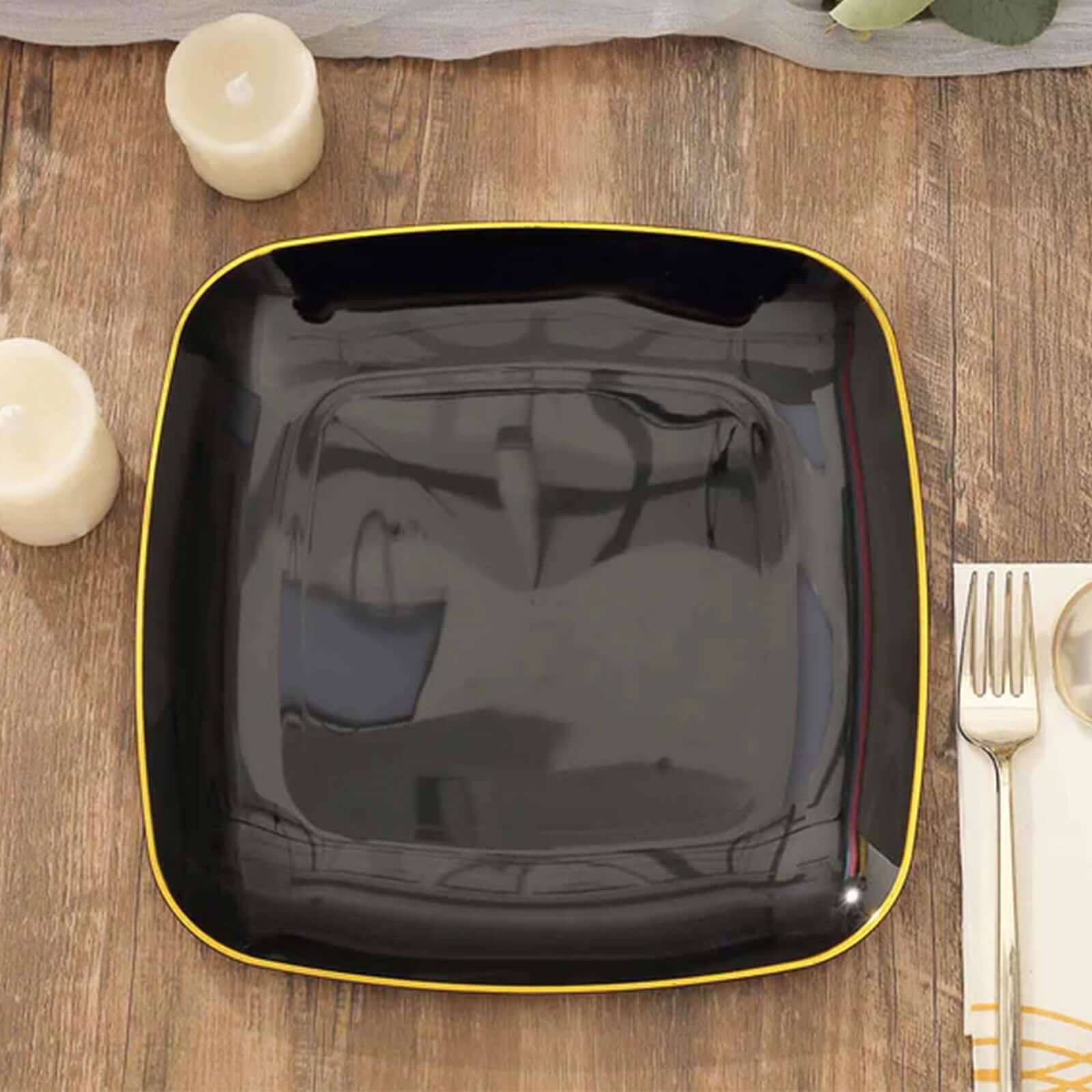 10-Pack Classy Disposable Black Plastic Dinner Plates with Gold Rim, 10 Square