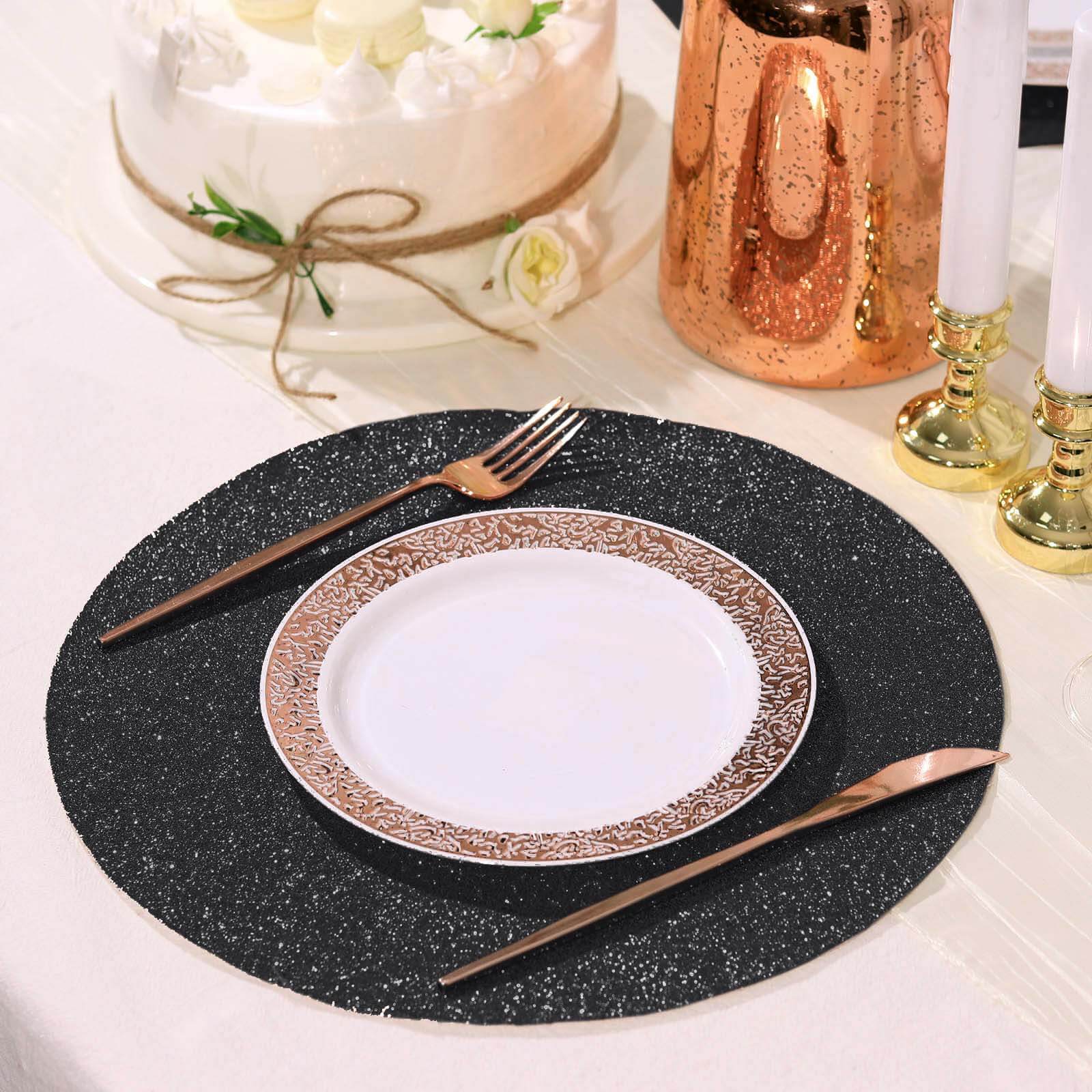 6-Piece Set of Non-Slip Black Glitter Round Placemats, 13 Inches