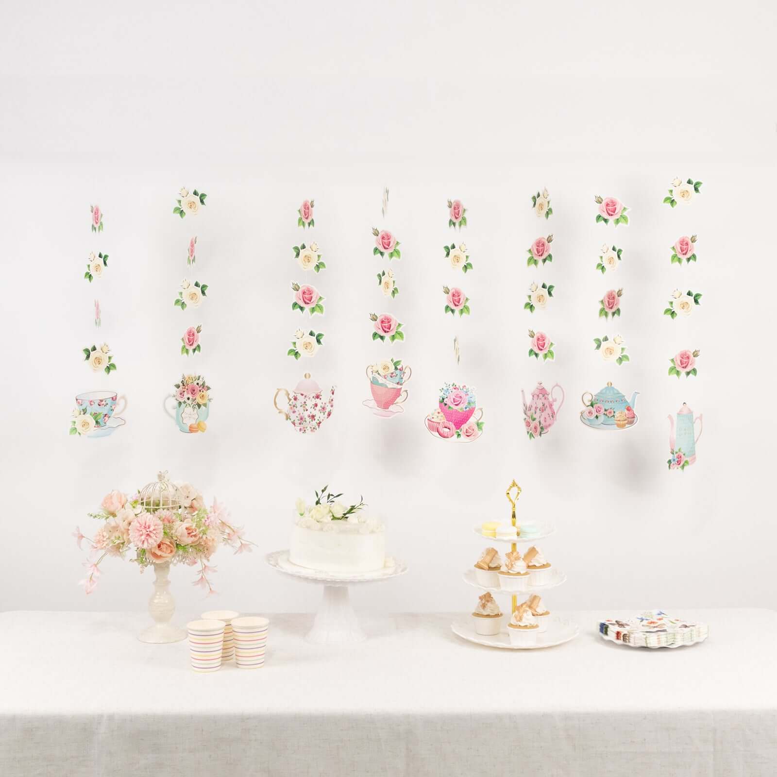 8-Pack Double-Sided Floral Tea Party Paper Garland Set: 40 Pre-Assembled Mixed Teapot Decorations
