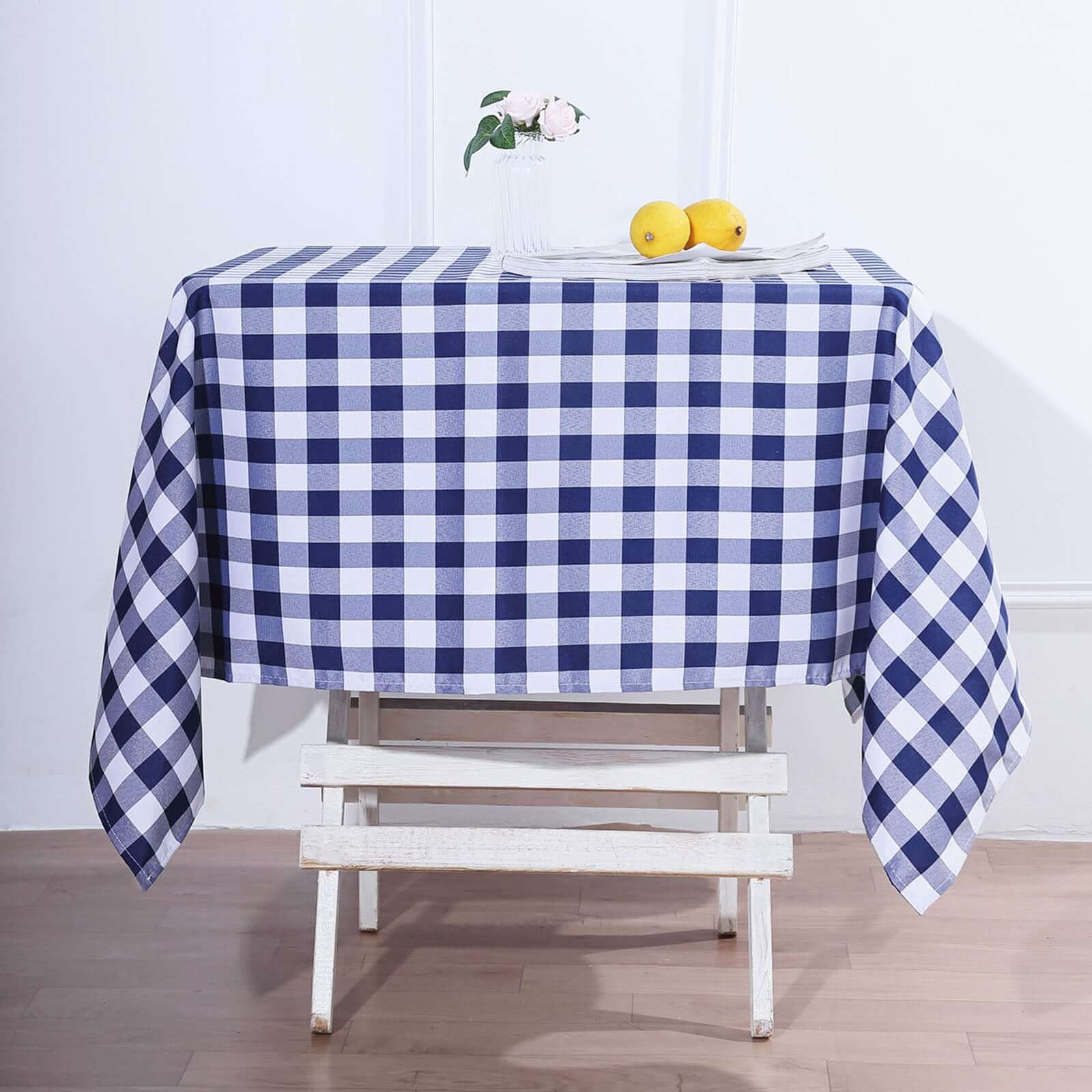 Hot! White/Navy Blue Checkered Buffalo Plaid Polyester 54x54 Square Tablecloth for Casual Tables