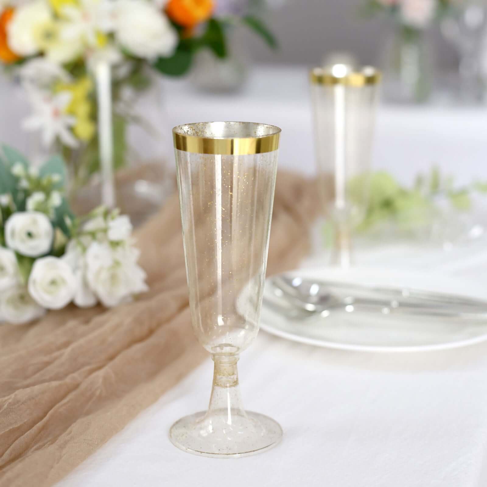 Hot Sale! 12-Pack Disposable Plastic Champagne Flutes with Clear Body, Gold Glitter, and Gold Rim for Parties, 6oz