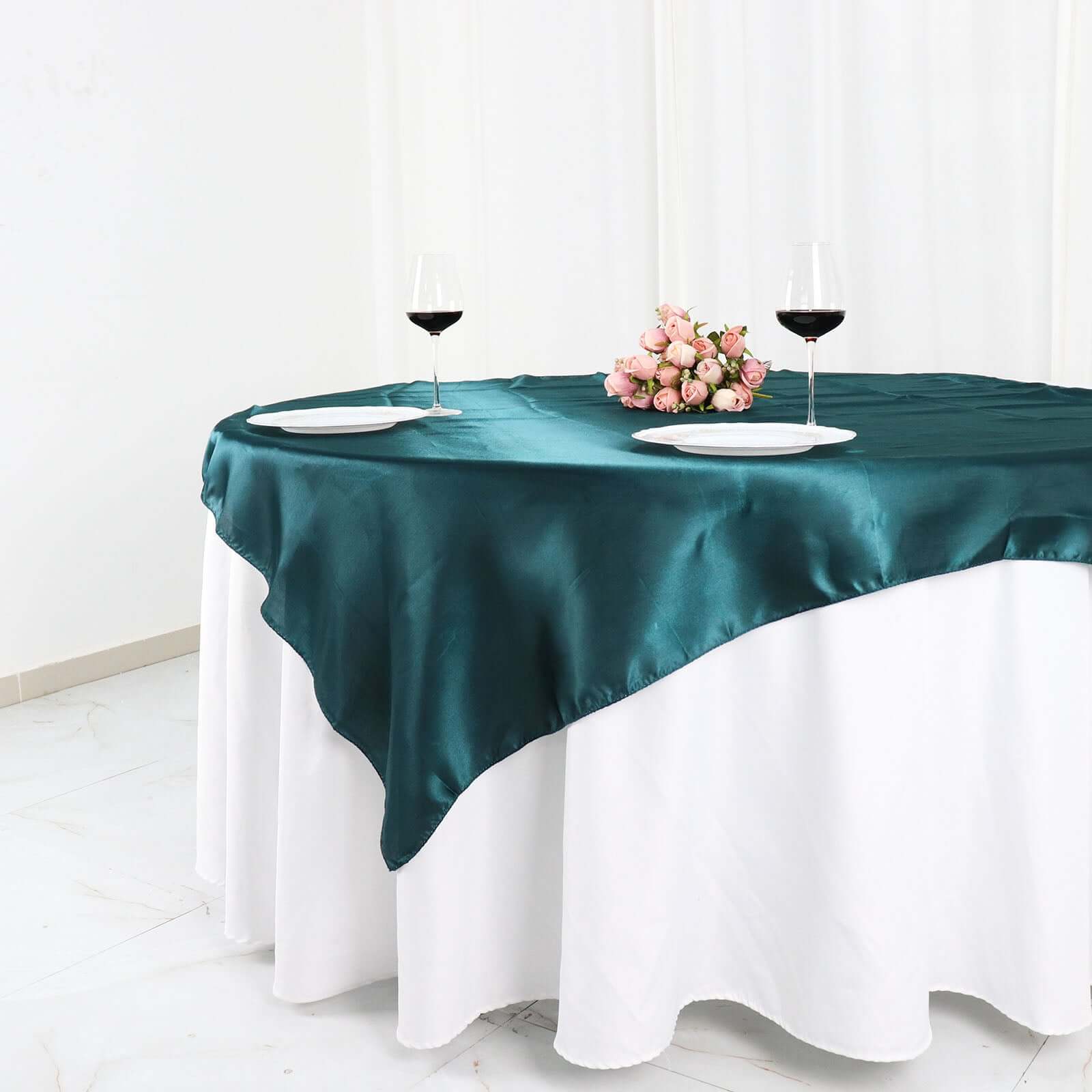 Peacock Teal Satin 60x60 Square Table Overlay with Smooth Silky Touch