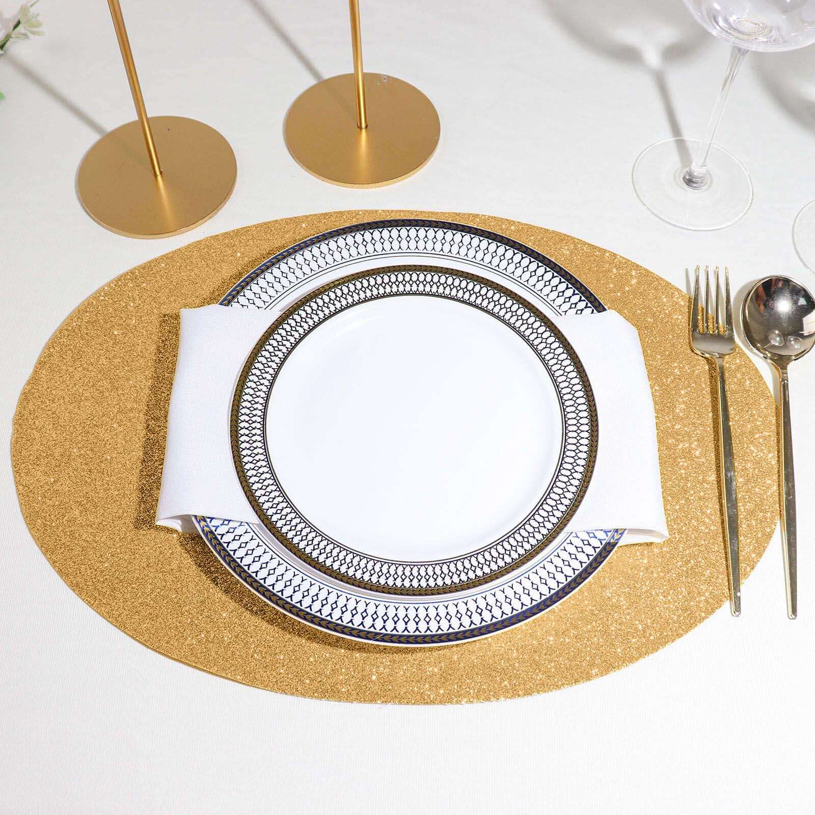 Hot Sale! 6-Piece Set of Champagne-Colored Glittery Oval Non-Slip Vinyl Placemats for Table Decor