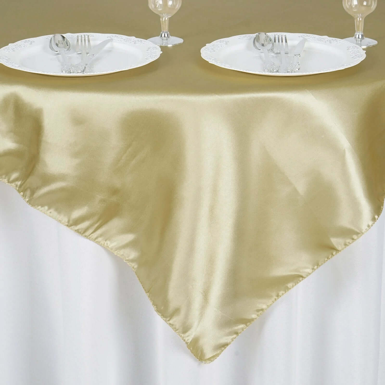 Champagne Satin 60x60 Square Table Overlay with Smooth Silky Touch