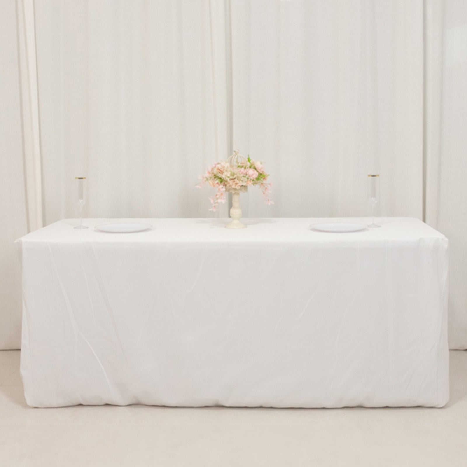 Exclusive 6ft White Polyester Tablecloth - 220GSM, Durable for Trade Shows & Events