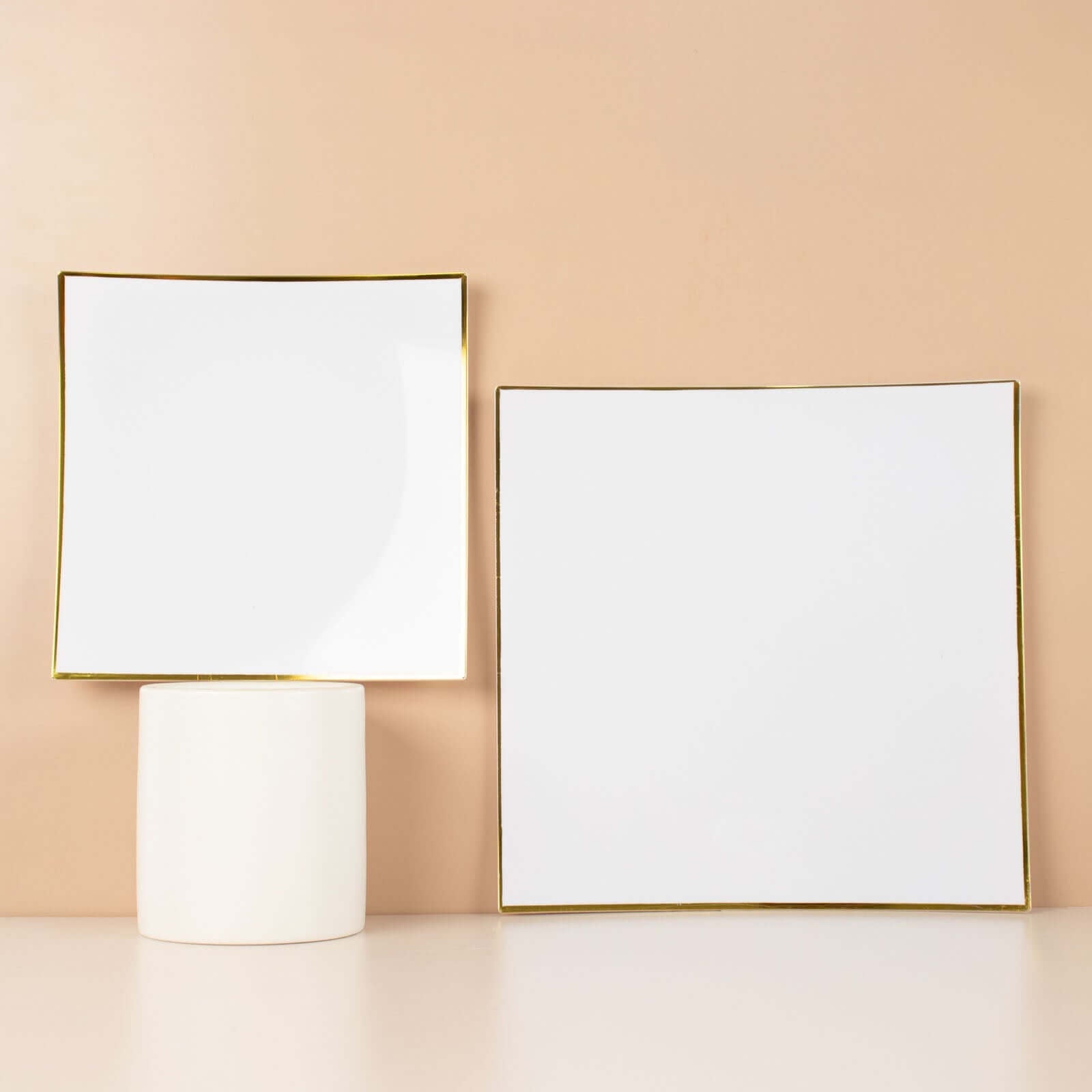 10-Piece White Concave Square Plastic Dinner Plates with Gold Rim - Disposable for Weddings & Special Events