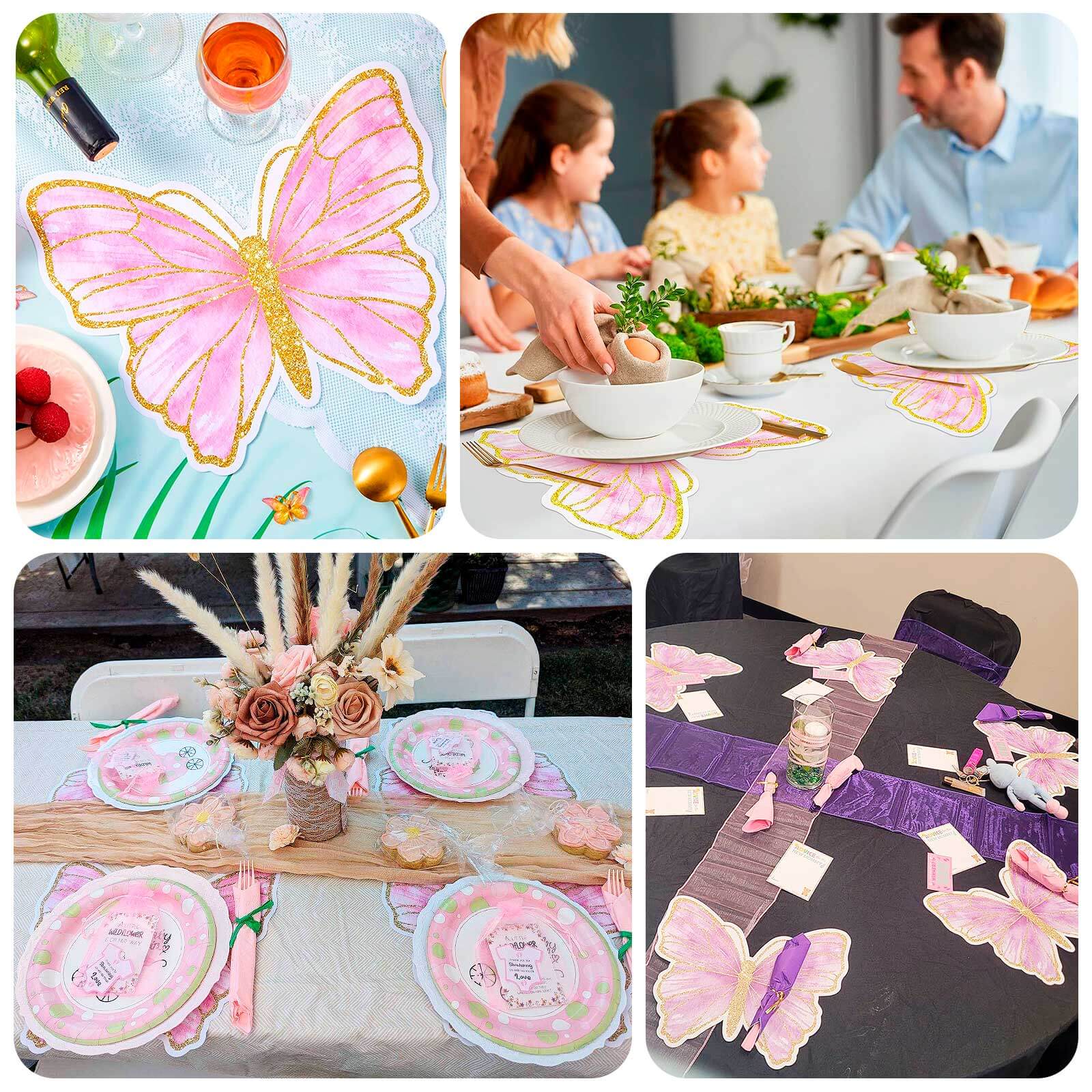 10-Pack Premium Disposable Pink Butterfly Placemats with Gold Glitters for Kids' Parties