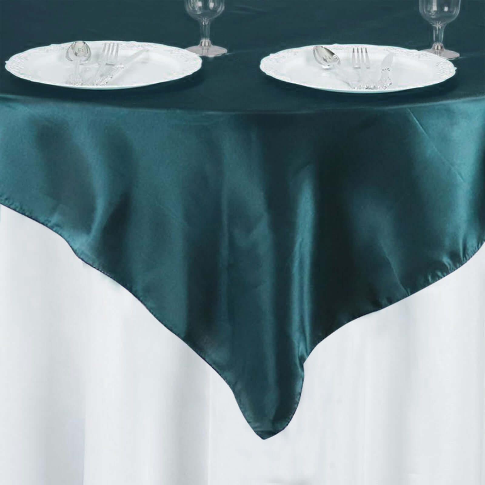 Peacock Teal Satin 60x60 Square Table Overlay with Smooth Silky Touch