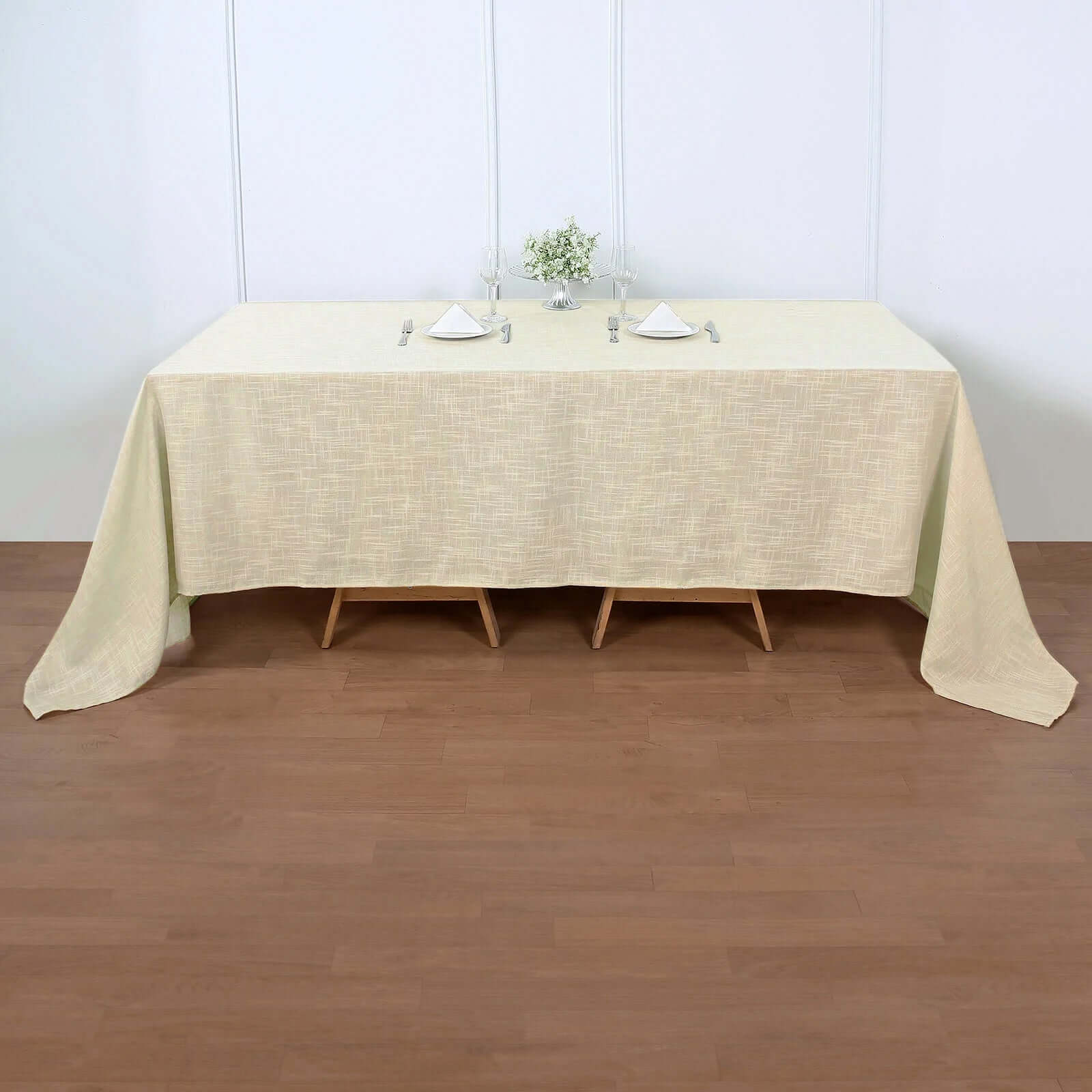 Premium Beige Faux Linen Rectangular Tablecloth (90x132) - Slubby, Wrinkle-Resistant & Seamless