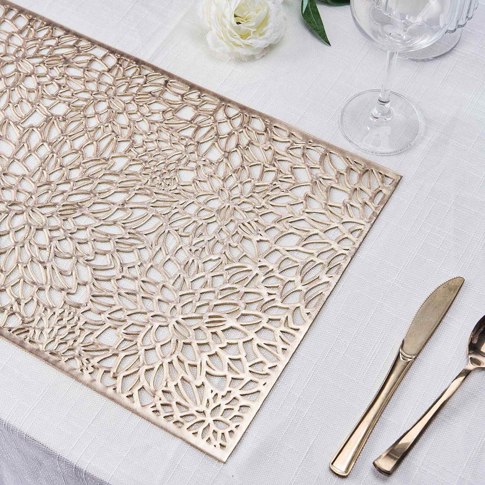 6-Pack Gold Metallic Floral Vinyl Placemats - Non-Slip 12x18 Rectangle Table Mats