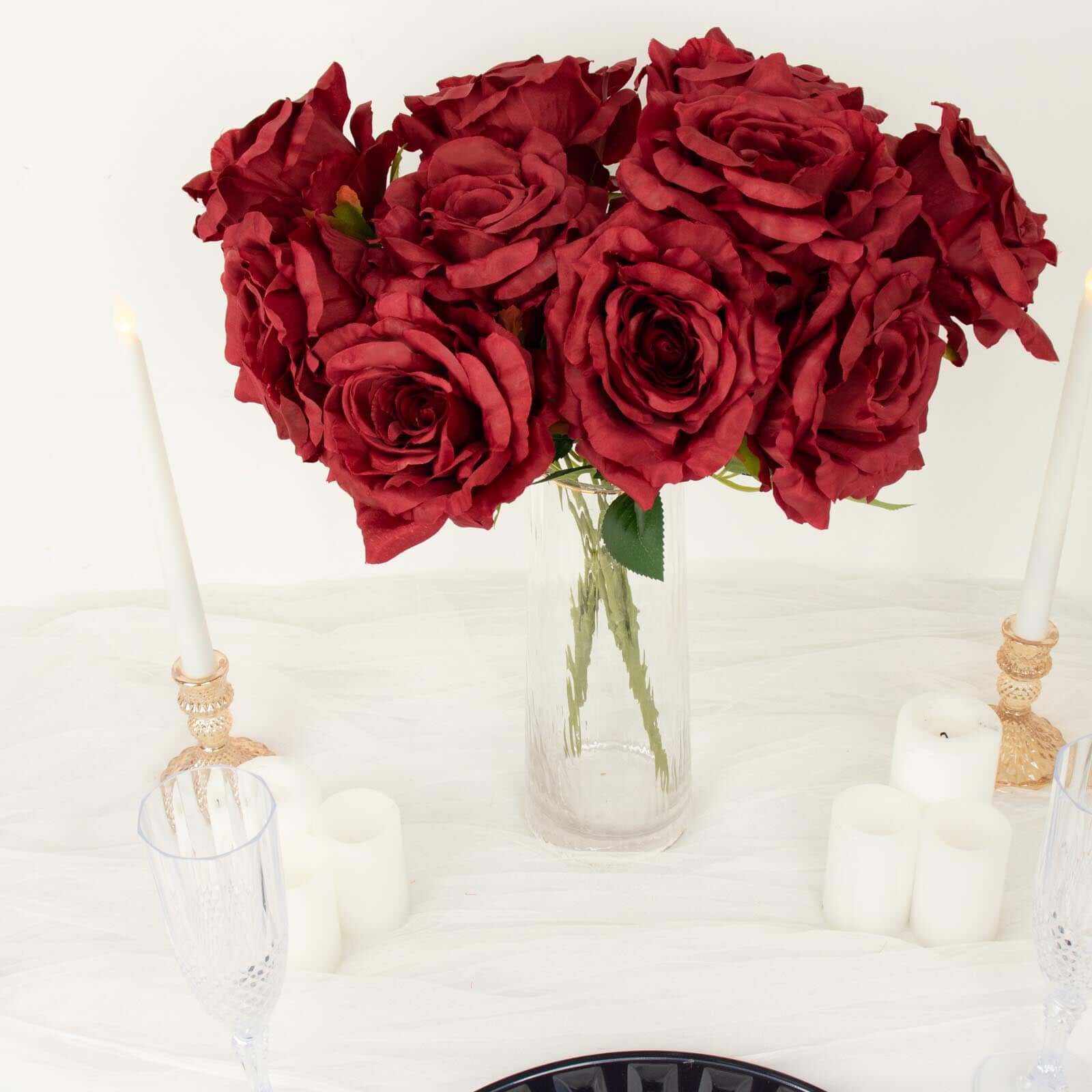 Premium Artificial Burgundy Silk Jumbo Rose Flower Bouquet for Weddings and Decorations