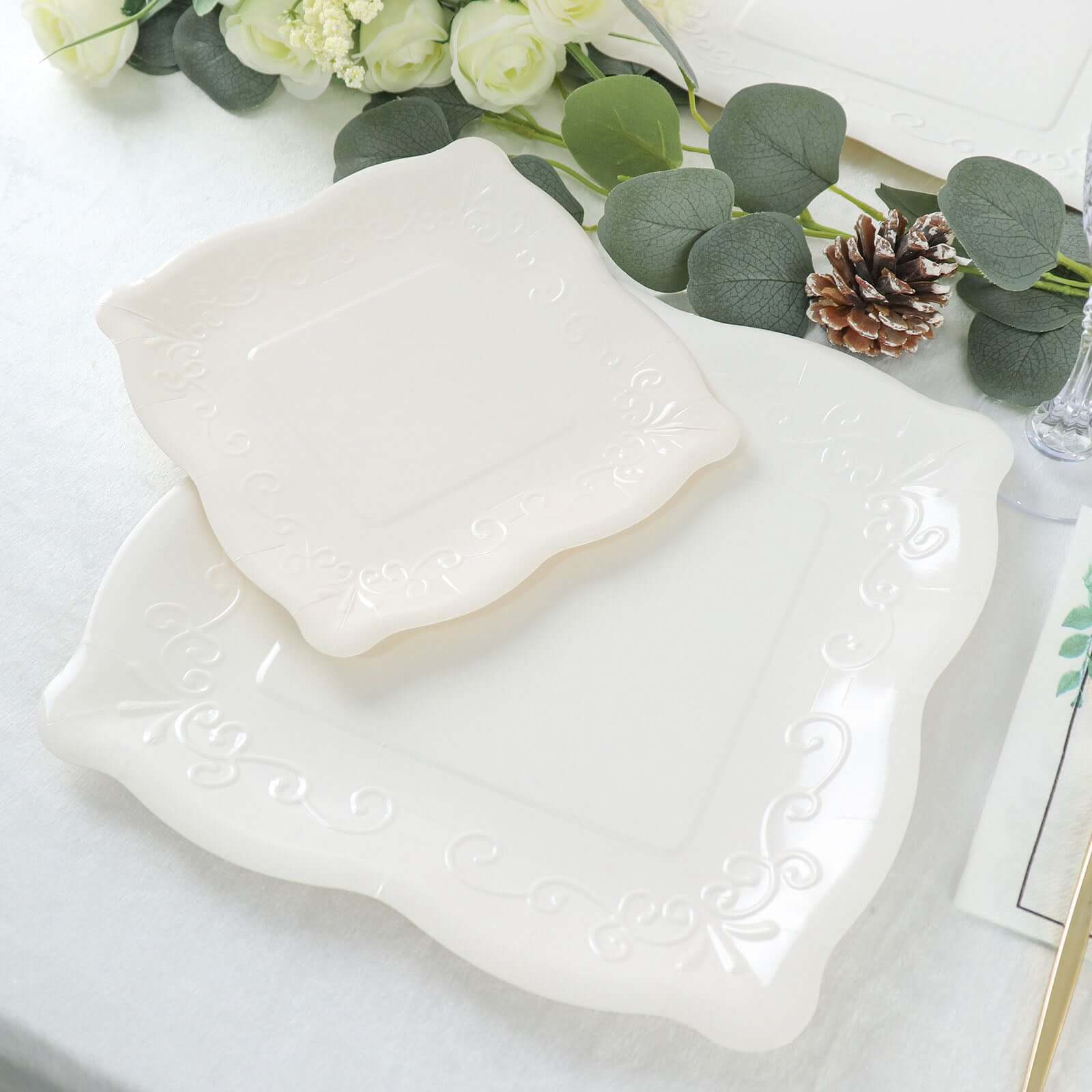 25-Pack White 7-Inch Square Disposable Dessert Plates with Vintage Pottery Embossed Design - Ideal for Special Events