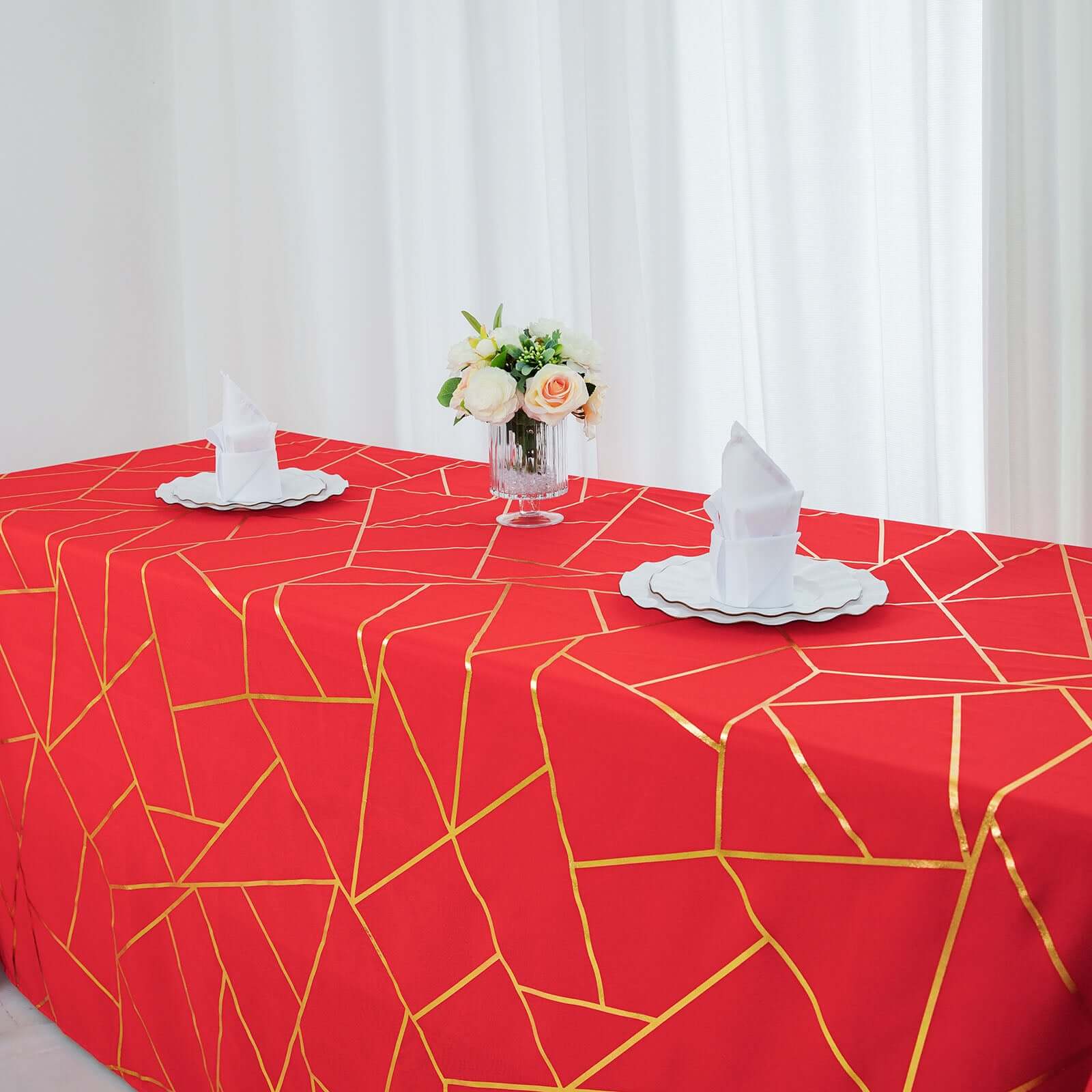 Hot! Red Seamless Polyester Tablecloth with Gold Foil Geometric Pattern, Wrinkle-Resistant (90x132)