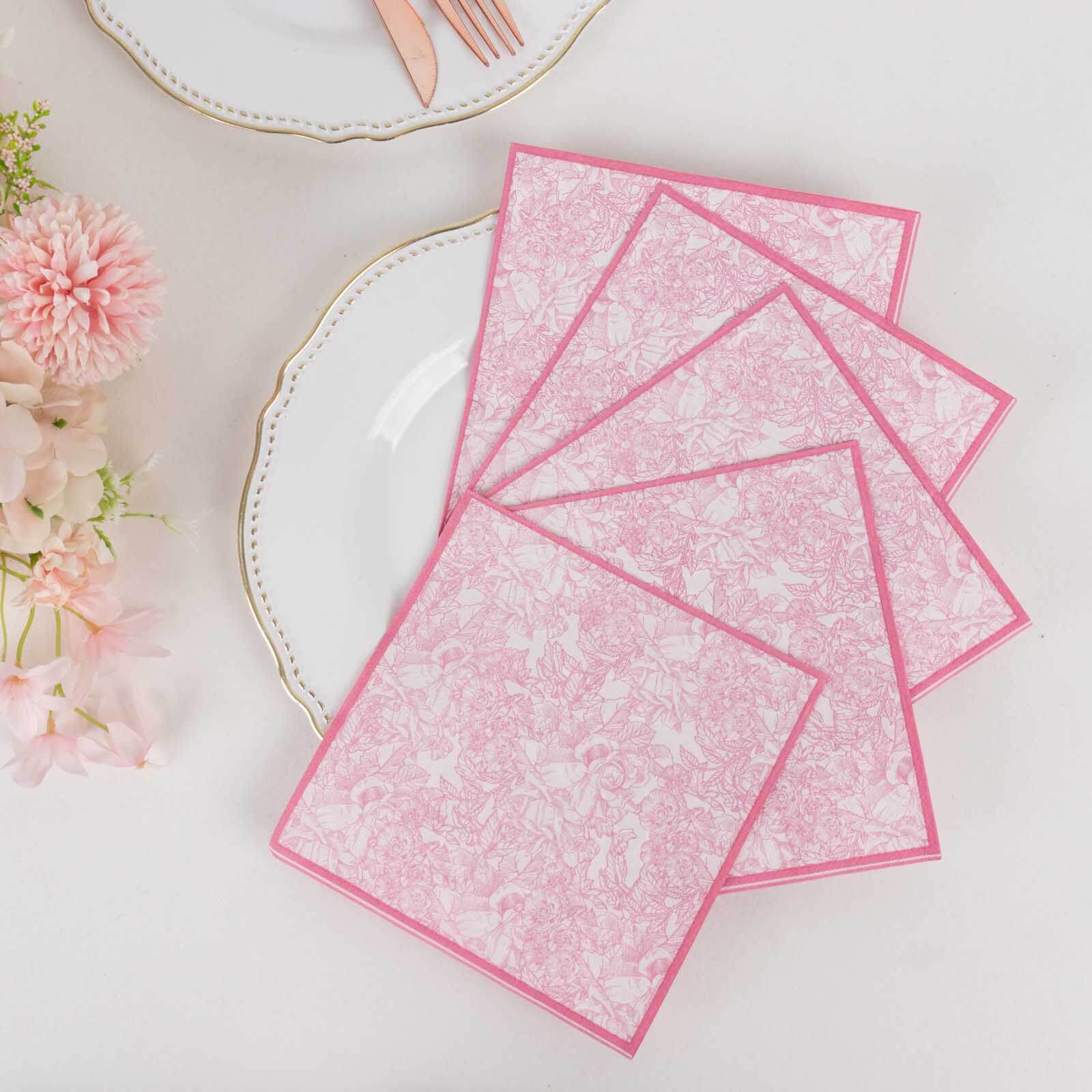 25-Pack Disposable Paper Cocktail Napkins with French Toile Floral Print in White/Pink - Highly Absorbent 2 Ply