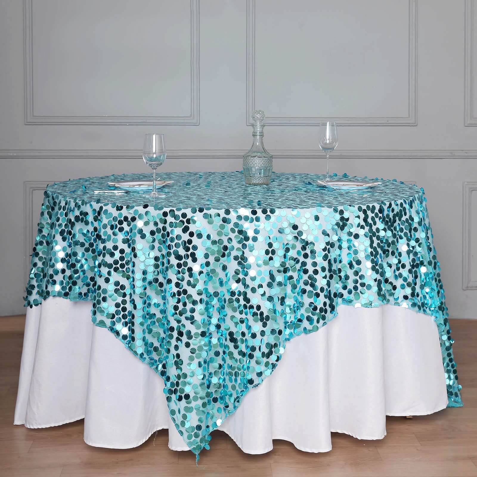 Big Sale! Turquoise Sequin Square Table Overlay, 72x72 Inches for Table Decoration