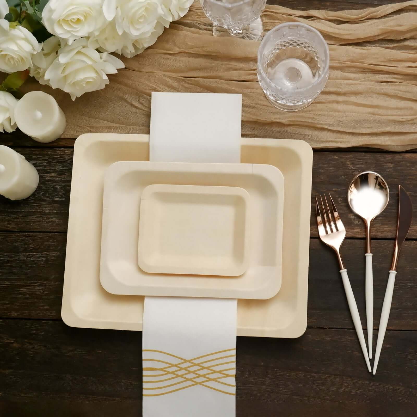 12-Pack Natural Birchwood 8x10 Rectangle Disposable Dinner Plates - Ideal for Farmhouse Events