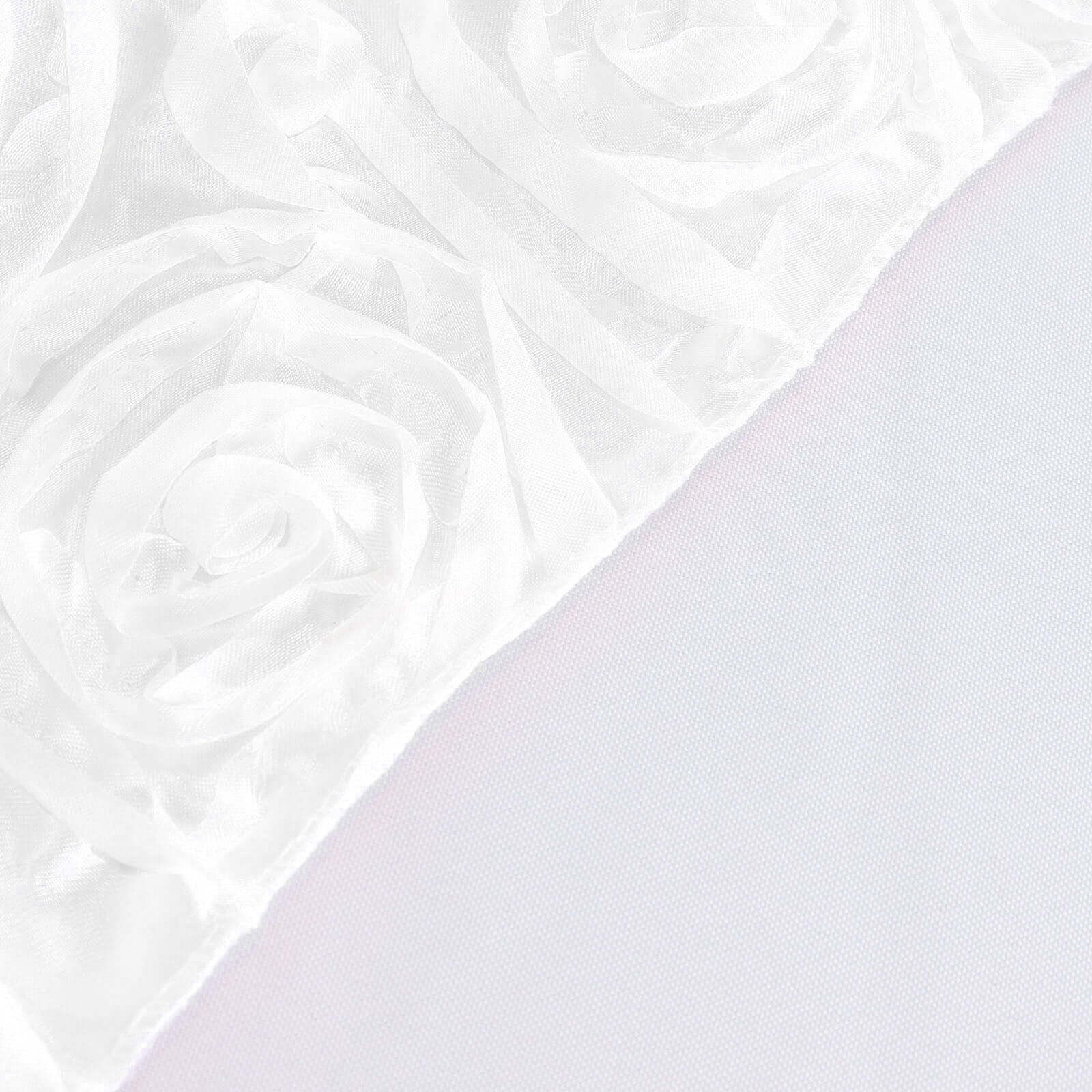 Stylish White Satin 72x72 Square Table Overlay with 3D Rosette Design for Special Occasions