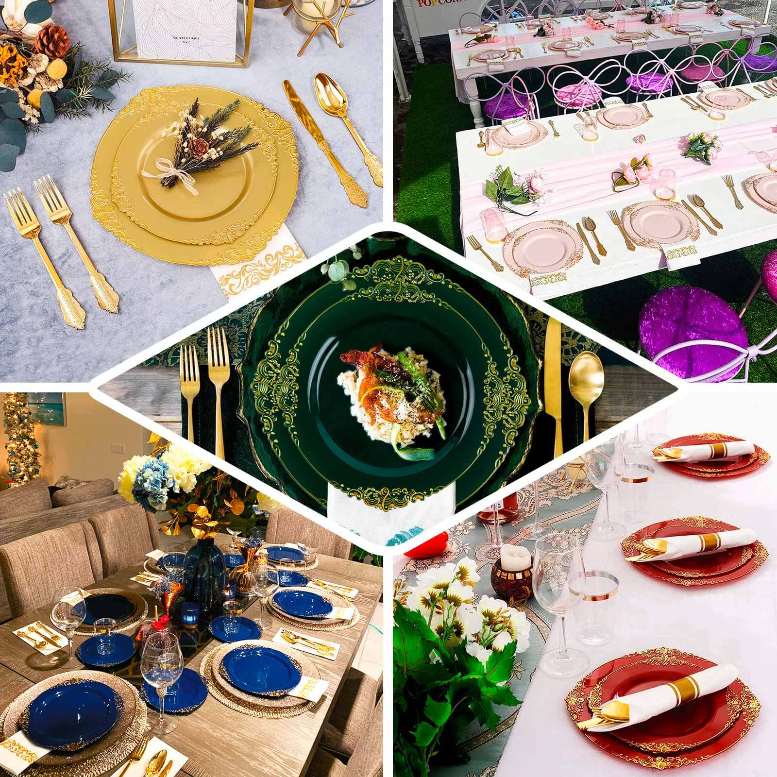 10-Pack Disposable Vintage Baroque Style 8-Inch Round Plastic Dessert Plates in Transparent Amber Gold with Gold Leaf Rim