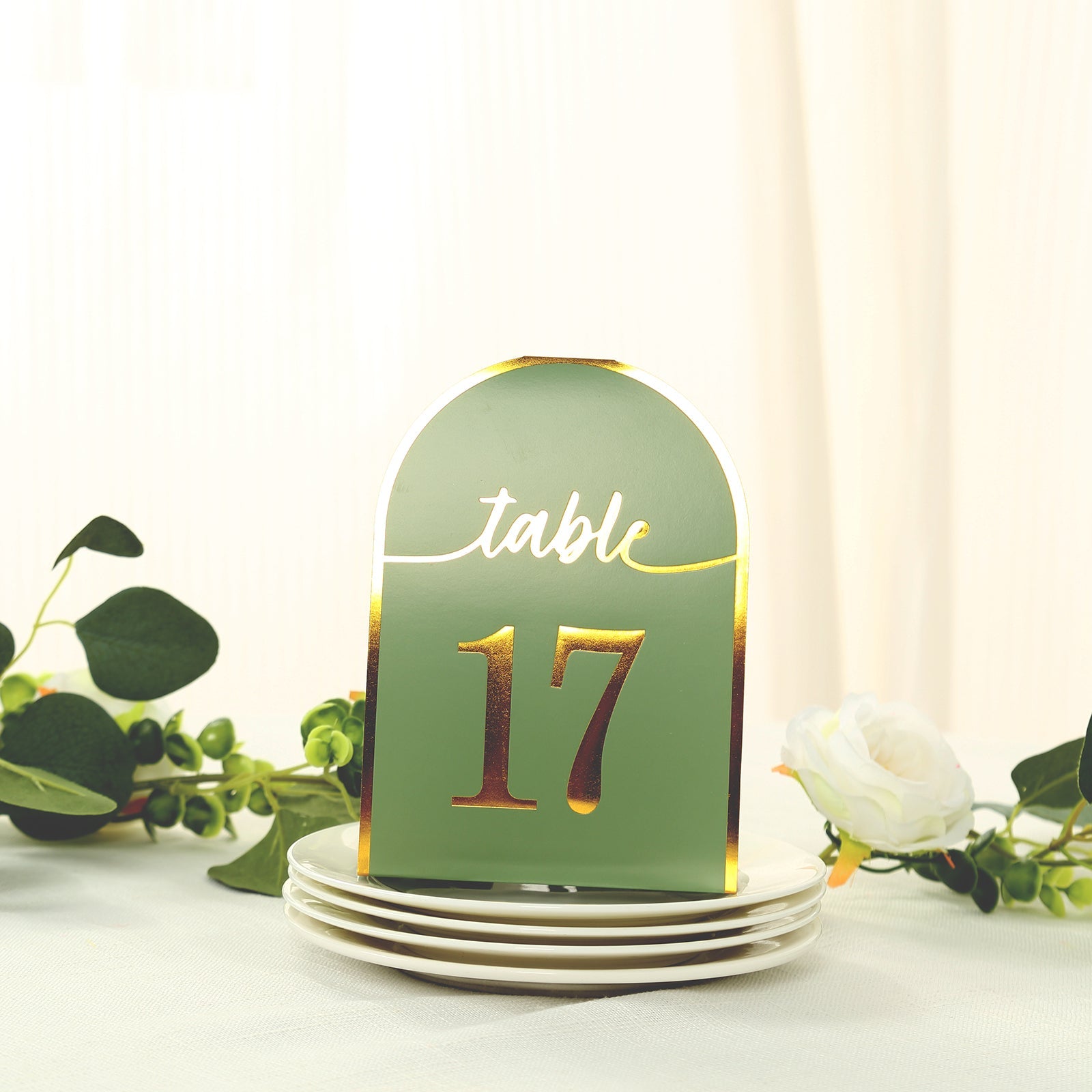 Hot Deal! 25-Pack Sage Green Disposable Double-Sided Table Numbers with Gold Foil 1-25