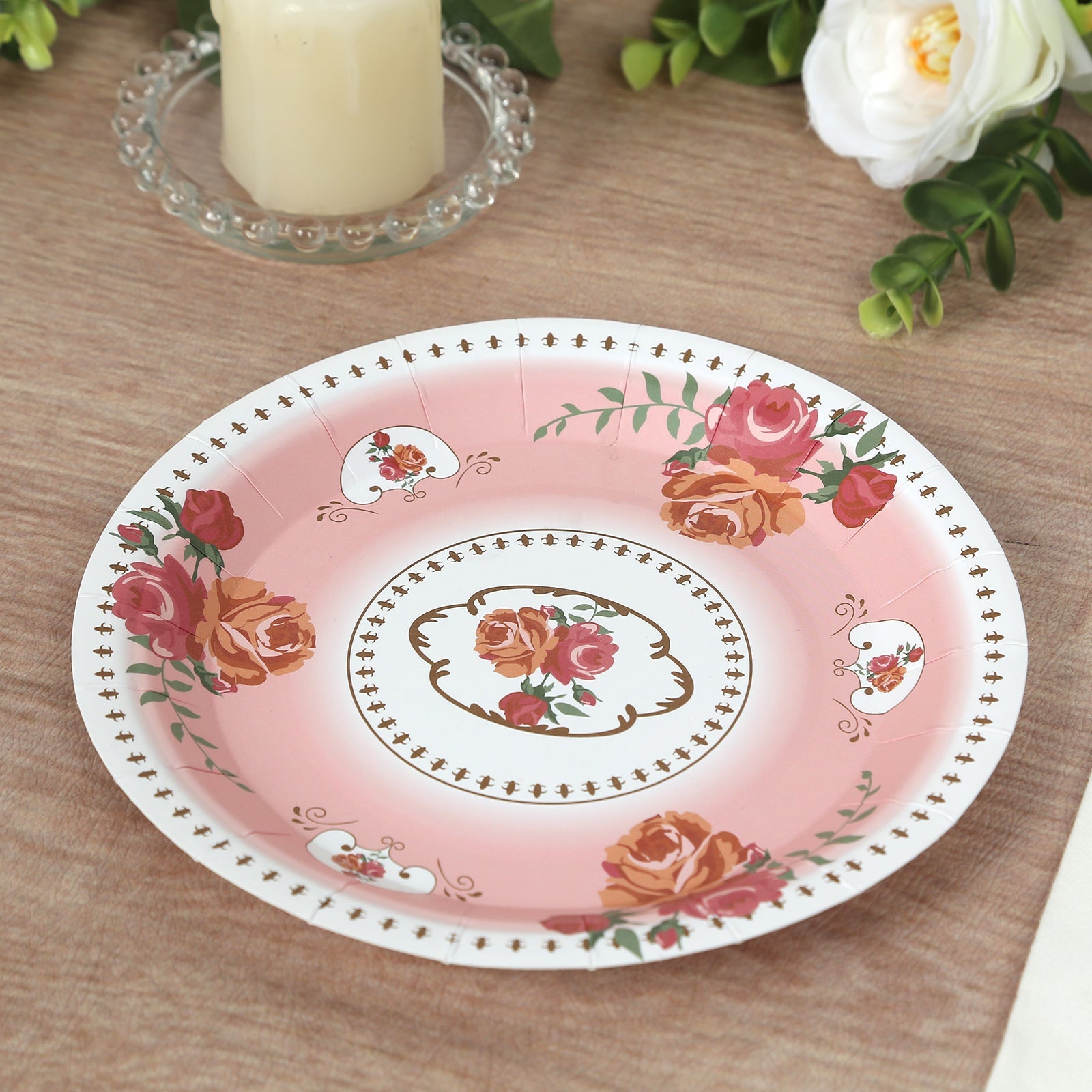 25-Piece Set of 9-Inch Disposable Dusty Rose Paper Dinner Plates with Vintage Rose Prints