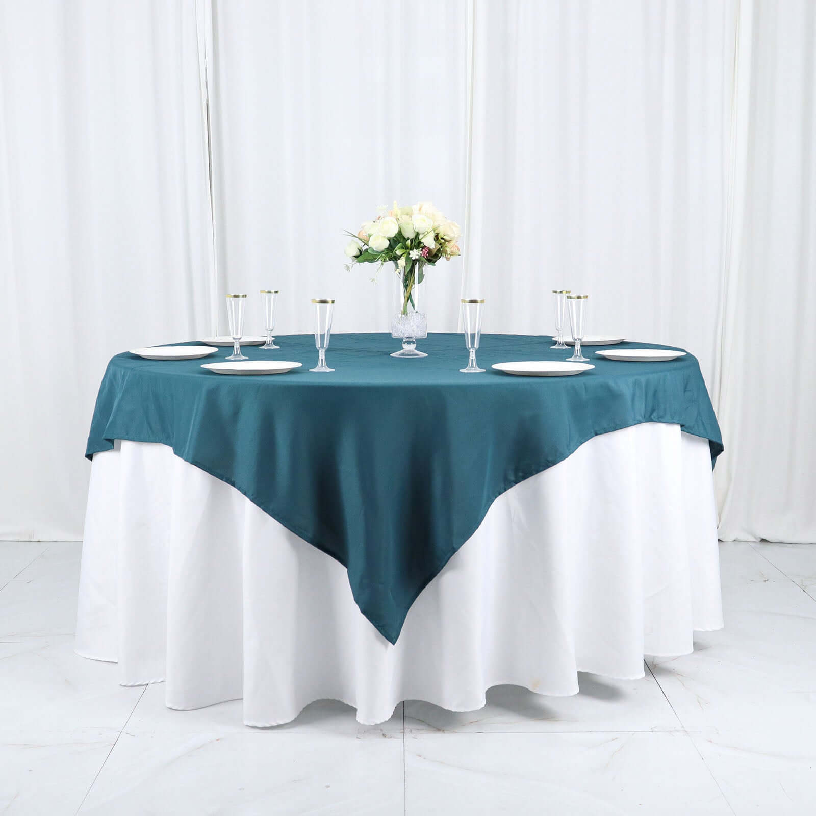 Wrinkle-Resistant & Durable 70x70 Polyester Square Table Overlay in Peacock Teal