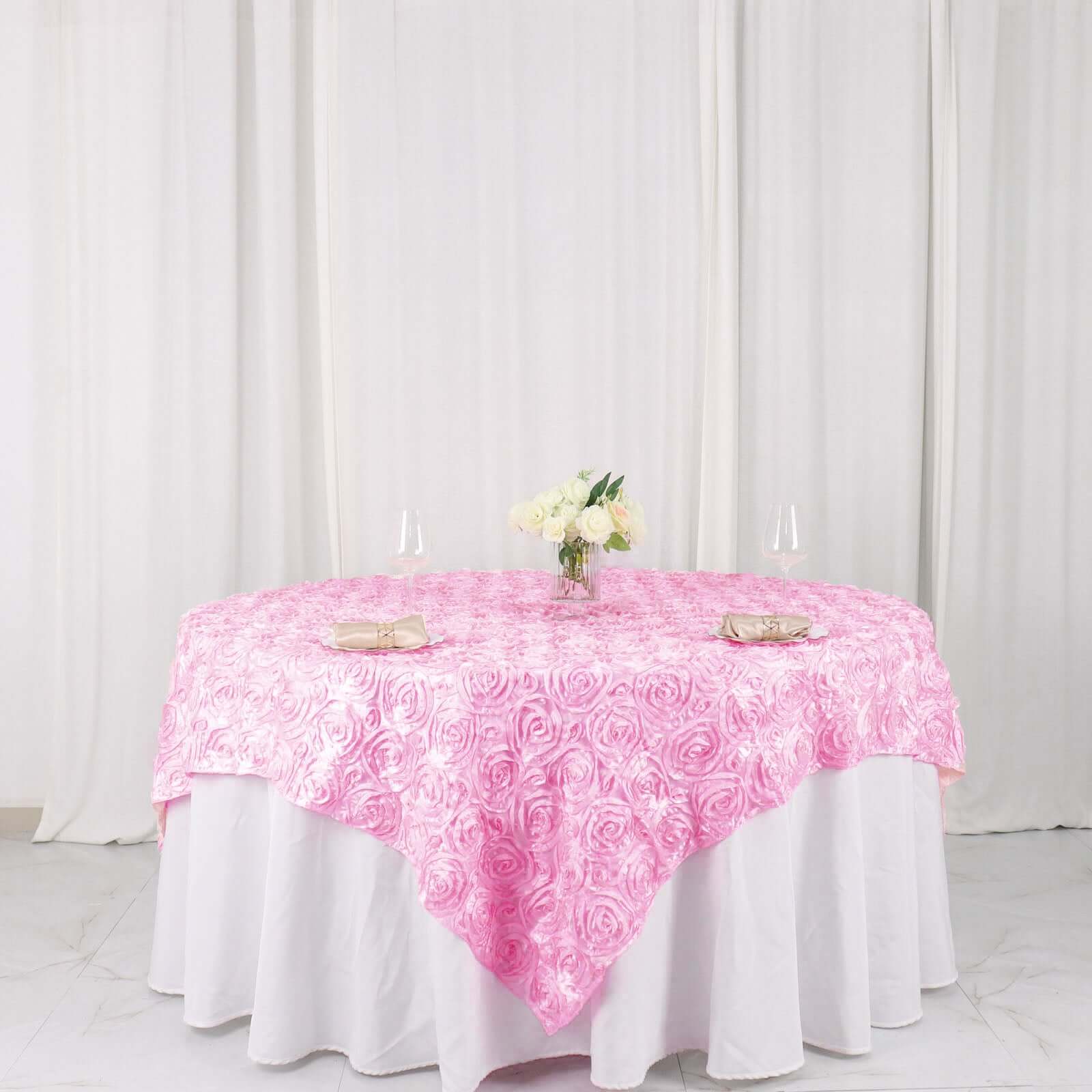 Pink 72x72 Satin Square Table Overlay with 3D Rosette Design