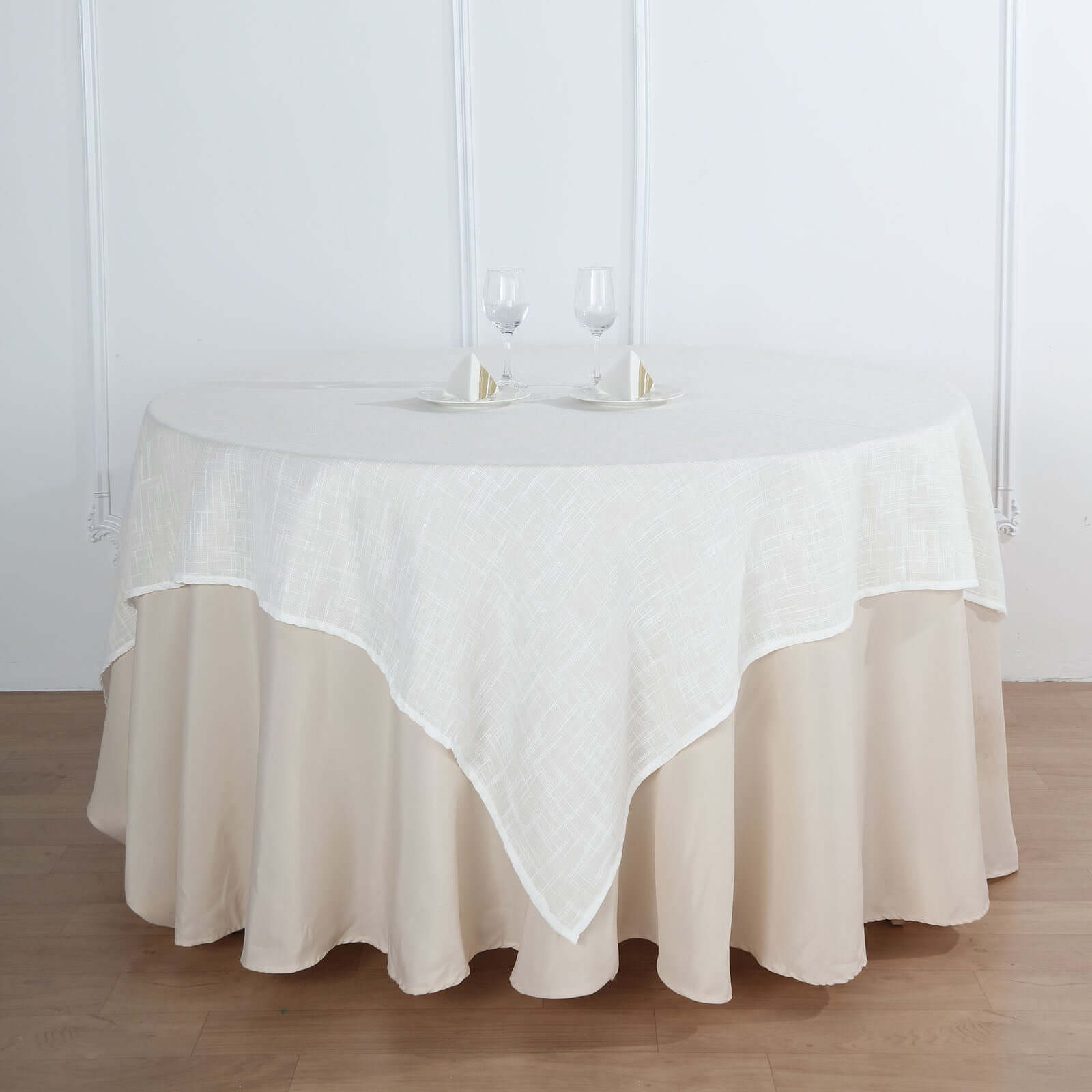 Hot Deal! White 72x72 Slubby Faux Linen Square Table Overlay - Wrinkle-Resistant for Stylish Events