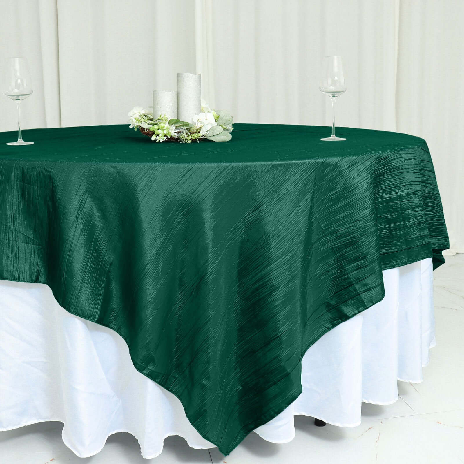 Hunter Emerald Green 90x90 Square Accordion Crinkle Taffeta Table Overlay