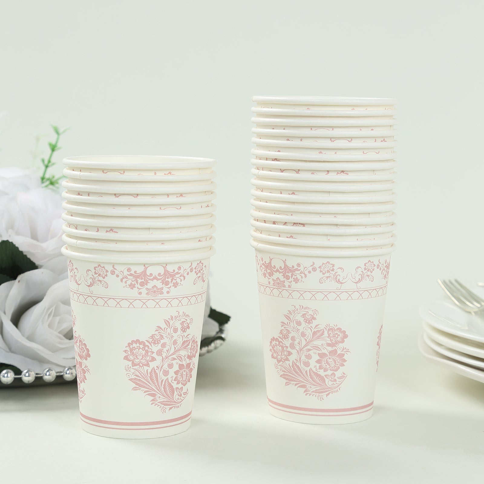 Hot Deal! 24-Pack 9oz Disposable Paper Party Cups in Elegant White Pink French Toile Pattern
