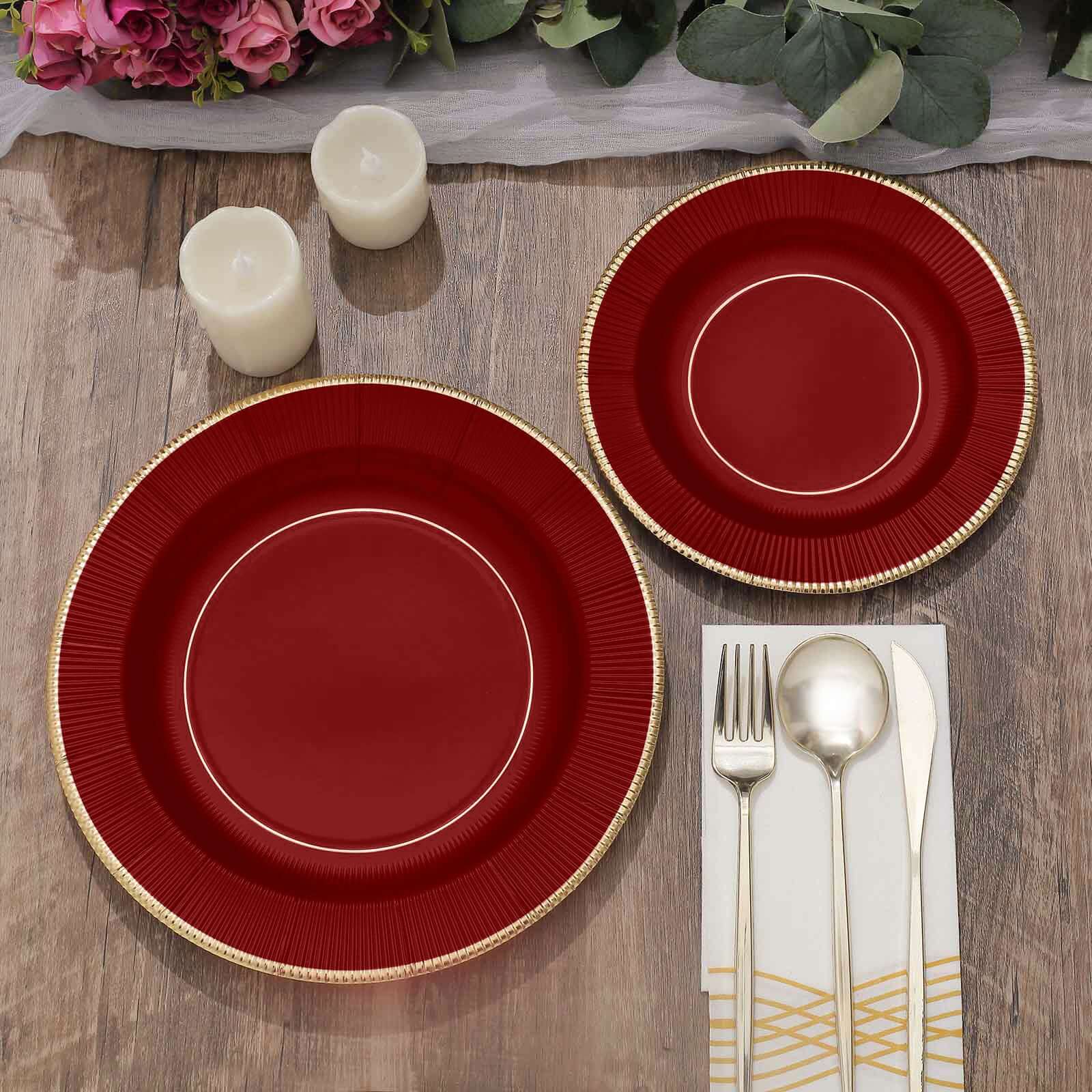 25-Pack Disposable Heavy Duty 350GSM Paper Round Dinner Plates in Burgundy Sunray Design with Gold Rim - Perfect for Parties