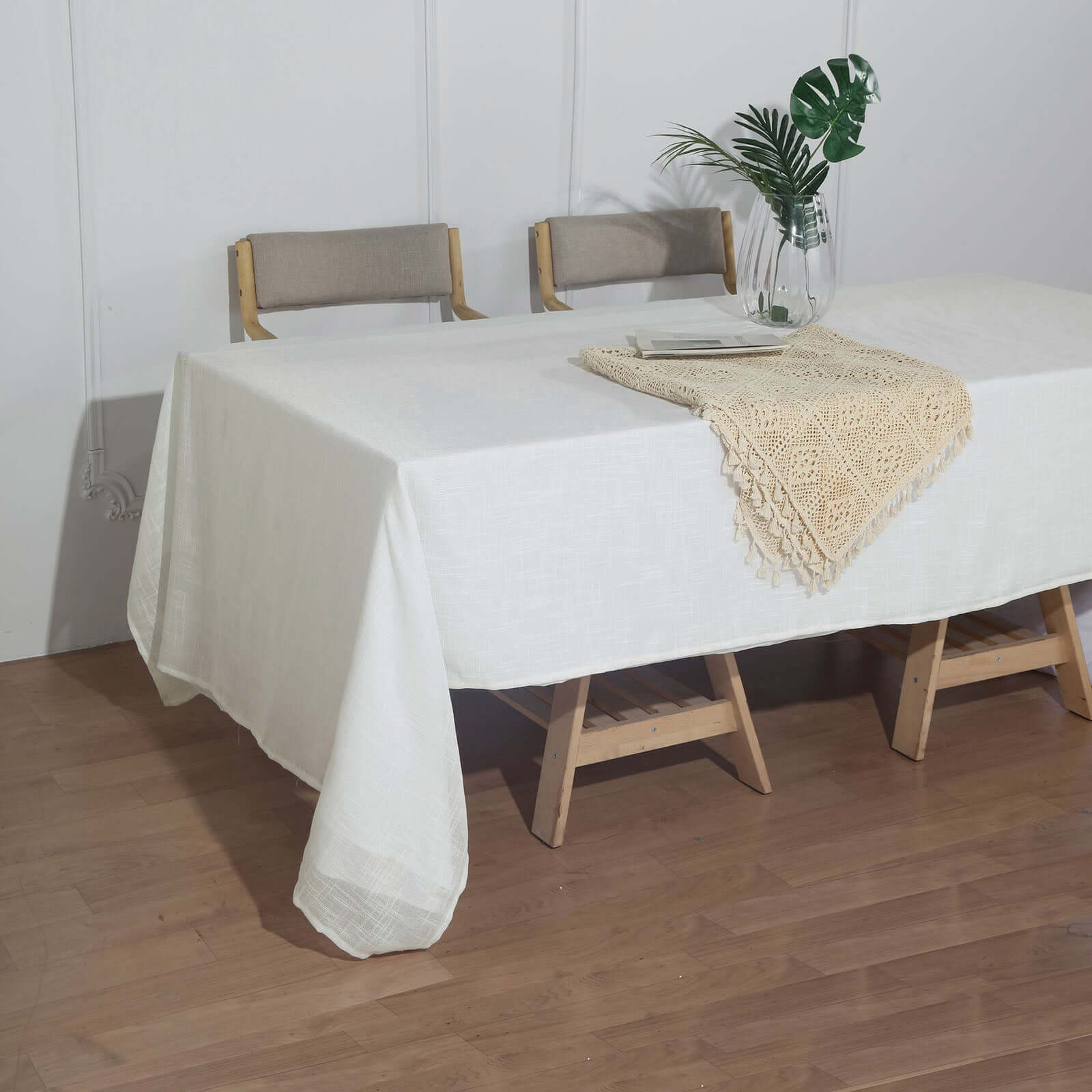 White 60x126 Rectangular Faux Linen Tablecloth - Wrinkle-Free for Weddings & Special Events